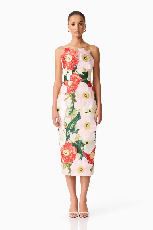 Solara Strapless Midi Dress in Pink Floral sold by Elliatt