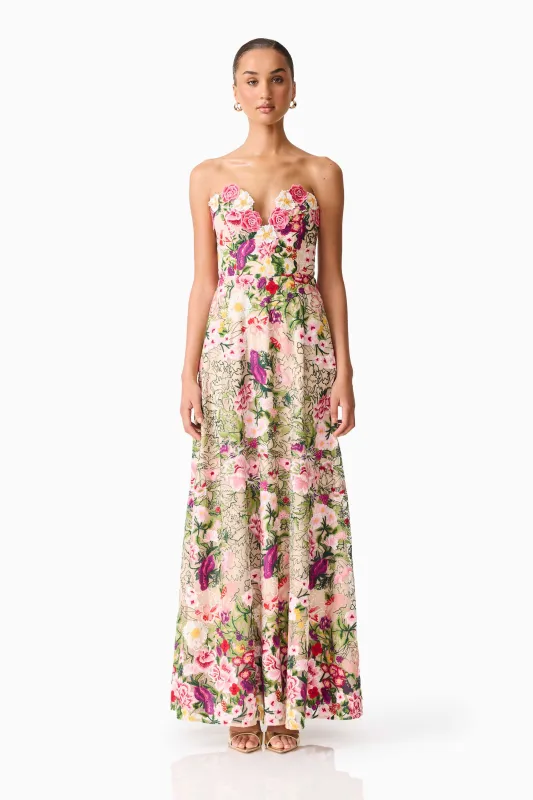 Flora Strapless Gown in Pink & Green Floral sold by Elliatt
