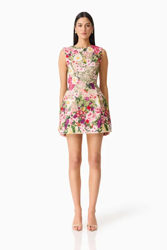 Flora Tulip Mini Dress in Pink & Green Floral sold by Elliatt