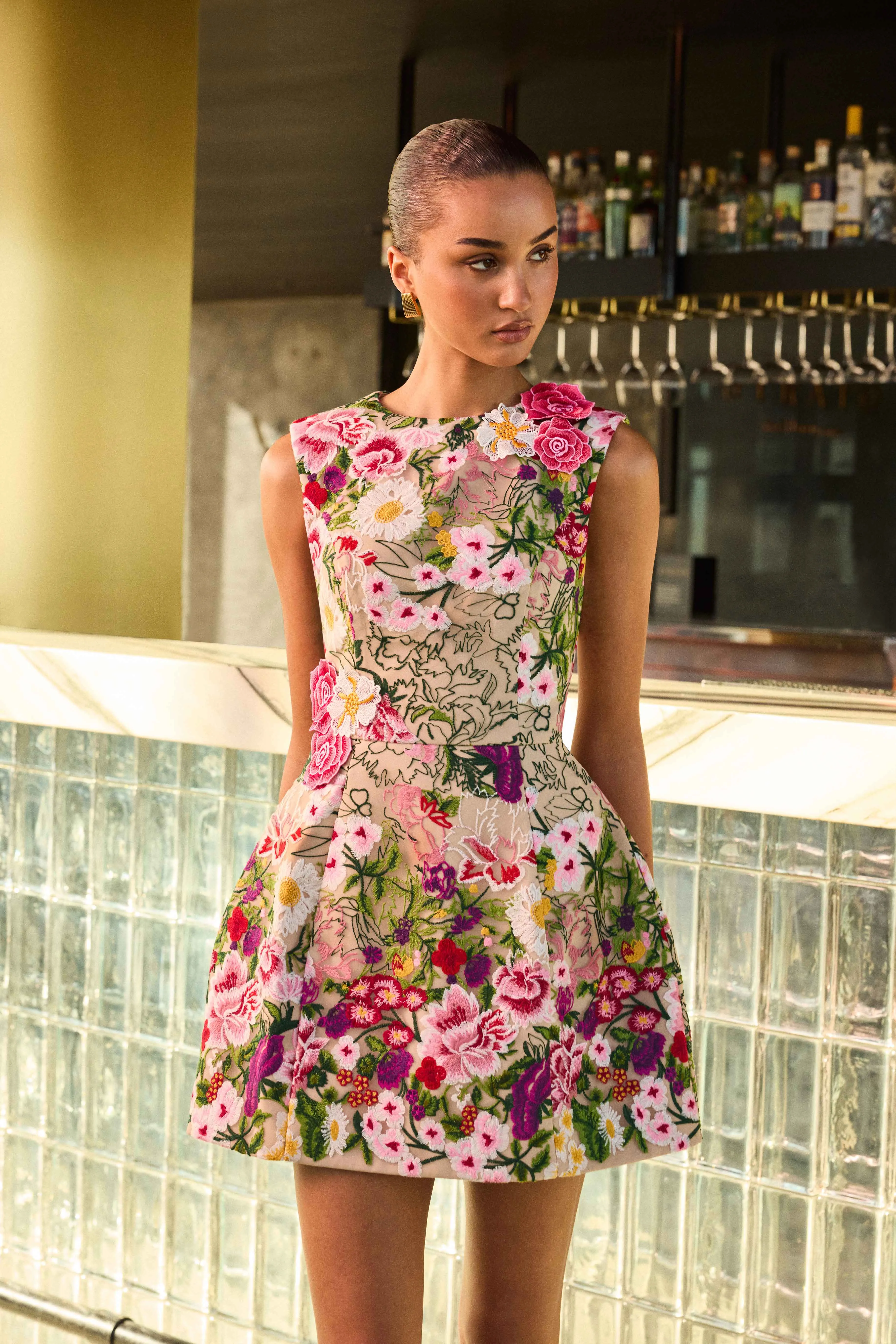 Flora Tulip Mini Dress in Pink & Green Floral sold by Elliatt product image thumbnail 2