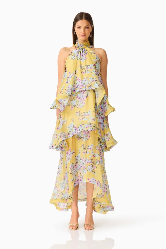 Briony Tiered Gown in Yellow Floral made by Elliatt