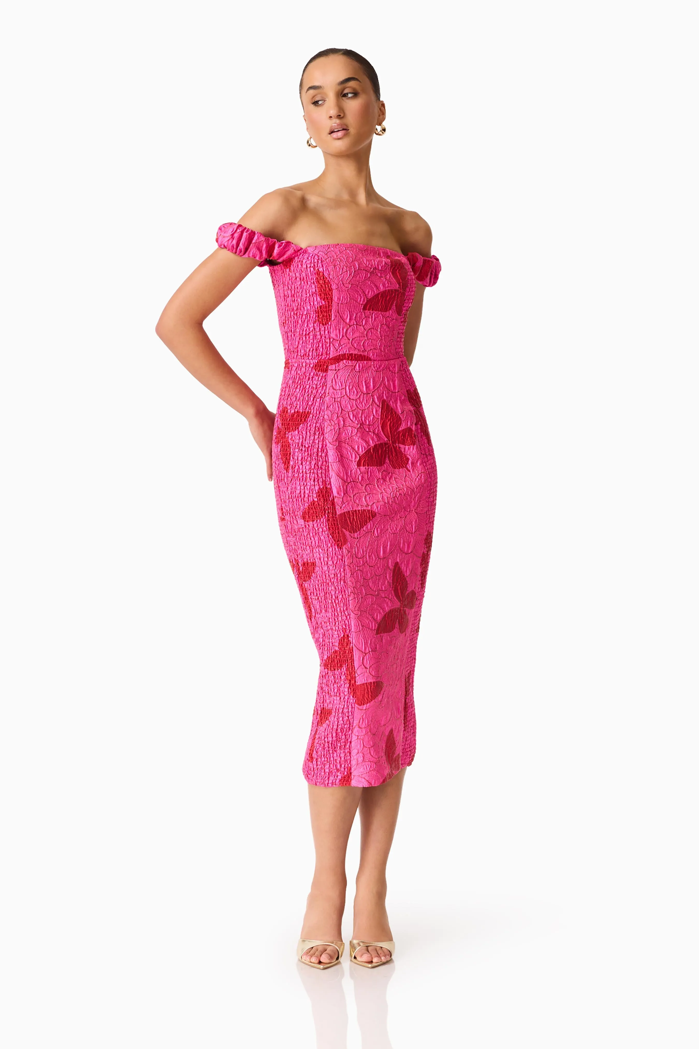 Lorena Jacquard Off Shoulder Midi Dress in Pink sold by Elliatt product image thumbnail 3