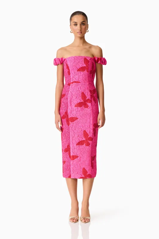 Lorena Jacquard Off Shoulder Midi Dress in Pink sold by Elliatt