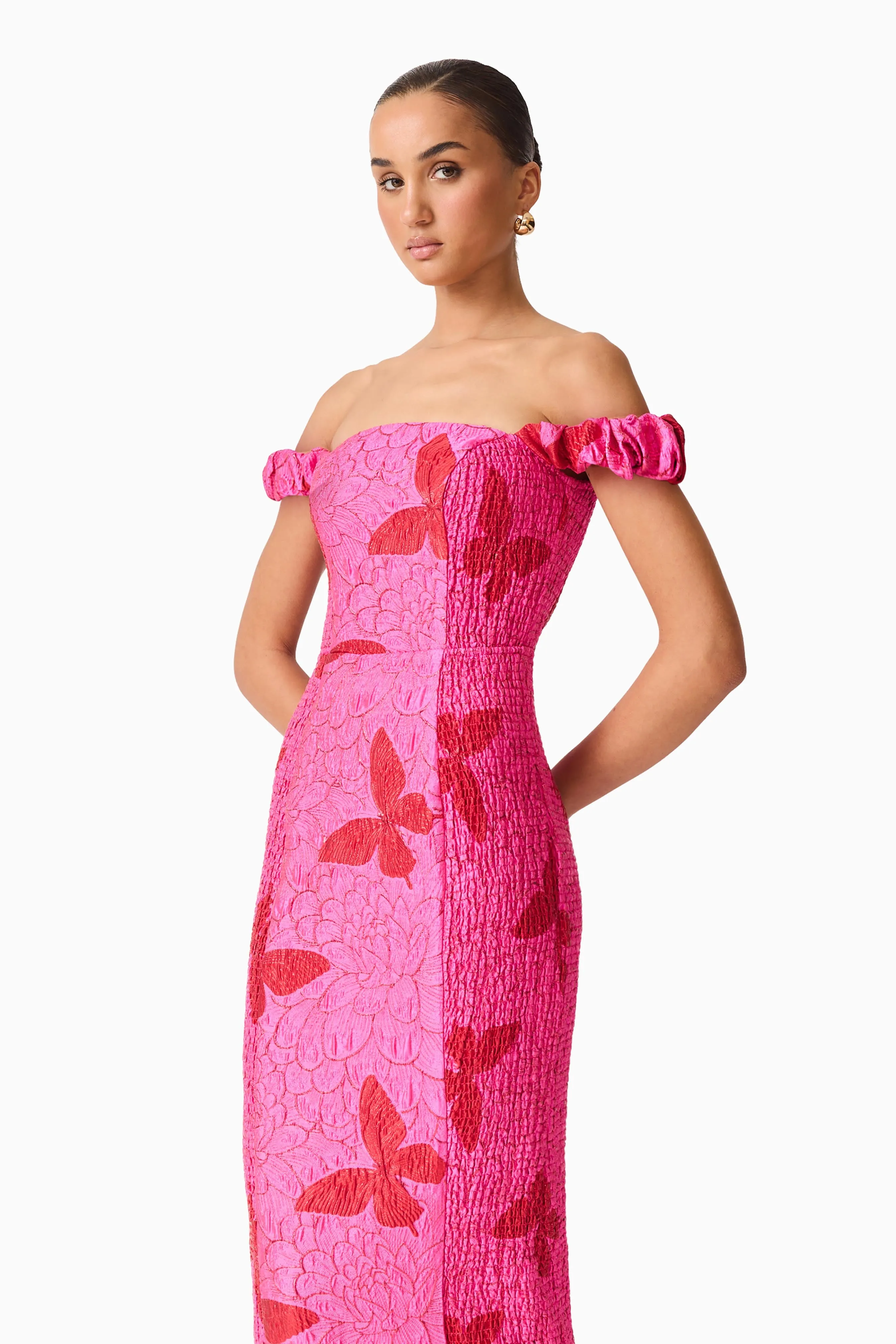 Lorena Jacquard Off Shoulder Midi Dress in Pink sold by Elliatt product image thumbnail 5