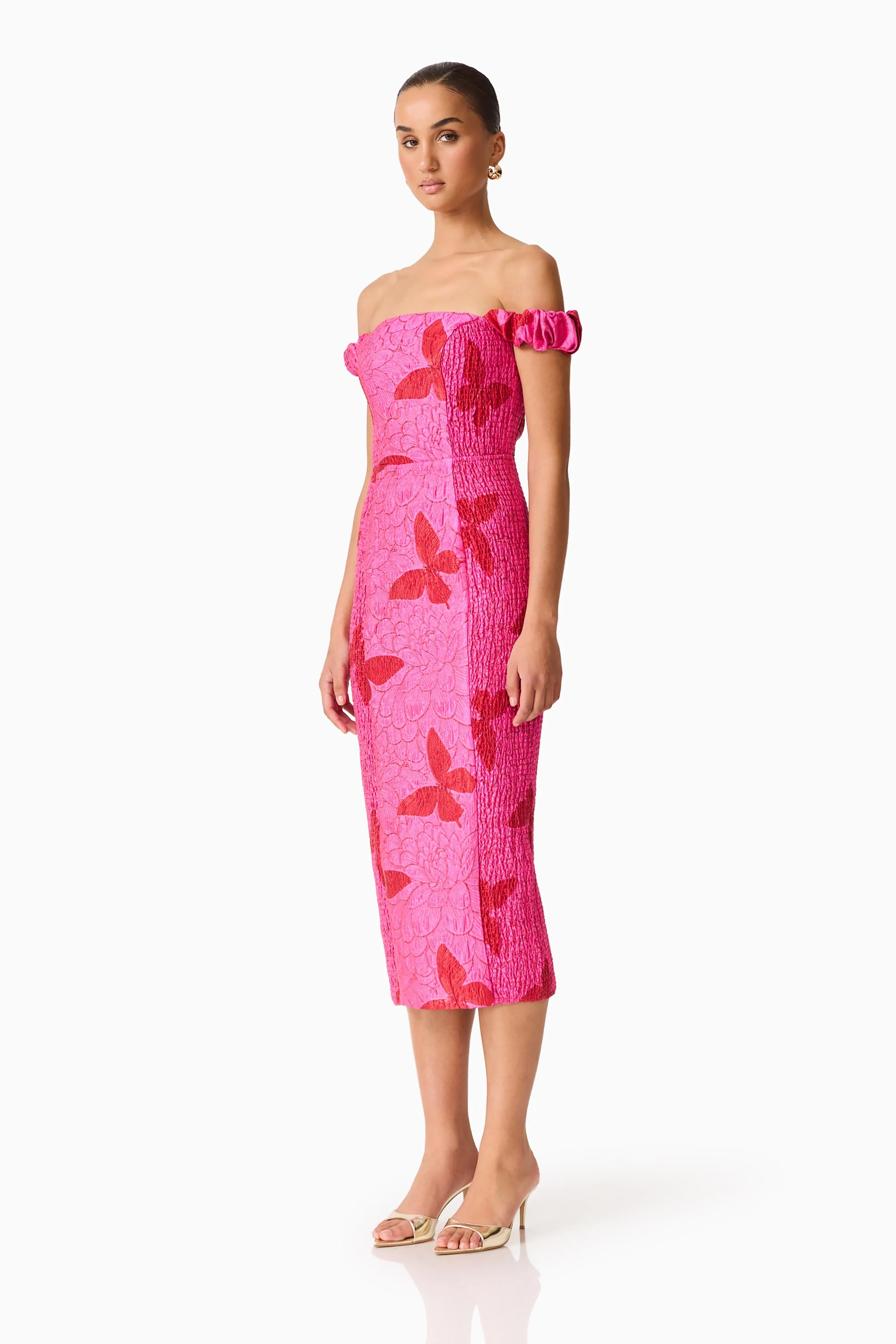 Lorena Jacquard Off Shoulder Midi Dress in Pink sold by Elliatt product image thumbnail 2