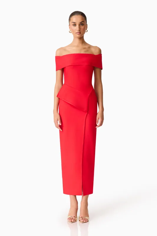 Celia Off Shoulder Gown in Red sold by Elliatt
