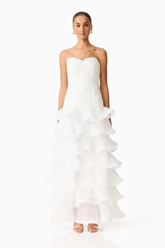 Evelin Tiered Gown in White sold by Elliatt