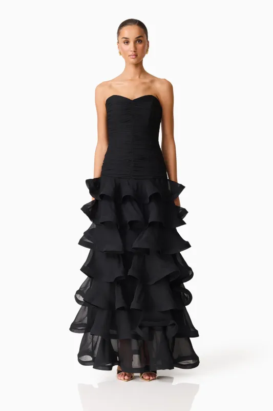 Evelin Tiered Gown in Black sold by Elliatt