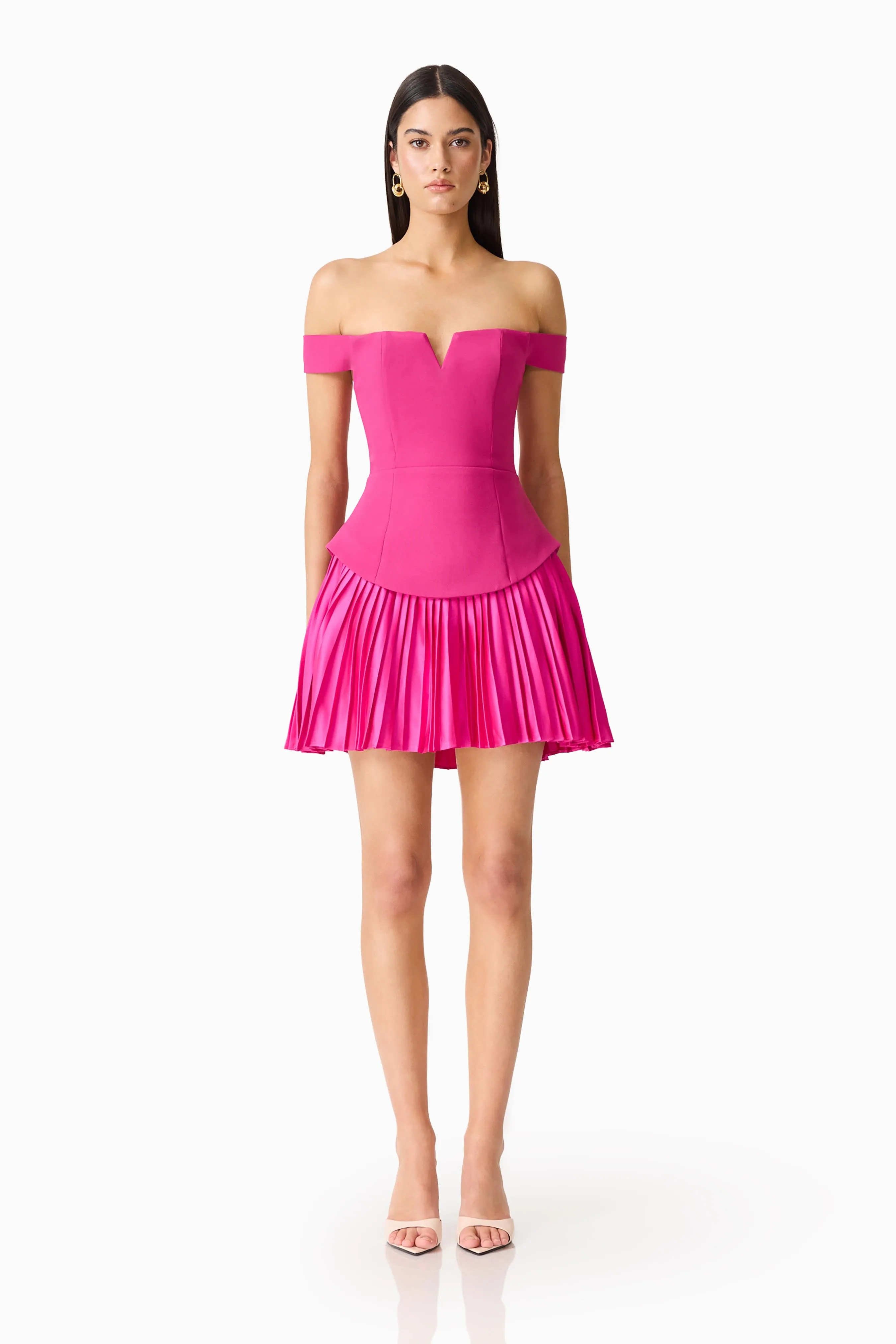 Elva Off Shoulder Mini Dress in Pink sold by Elliatt