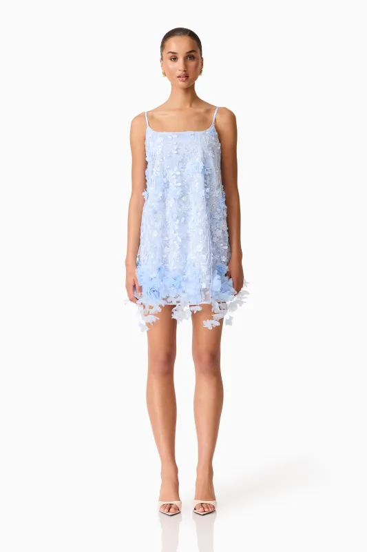 Rina Embellished Shift Mini Dress in Blue made by Elliatt