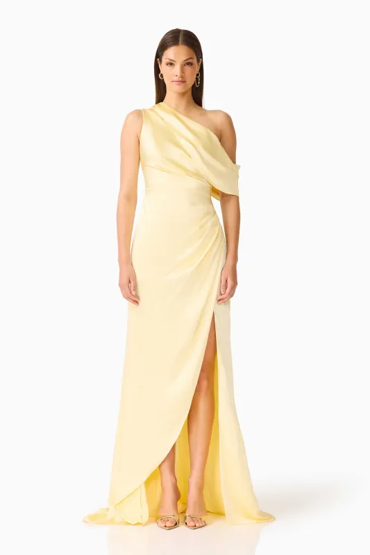 Isadora Off The Shoulder Gown in Butter Yellow made by Elliatt