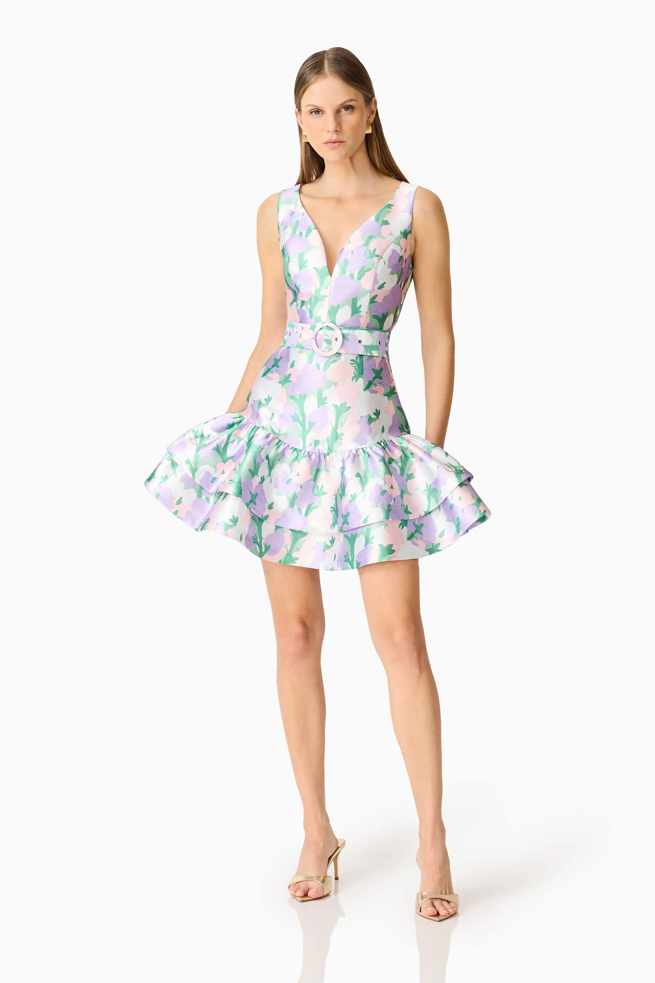 Lavina V-Neck Mini Dress in Green & Purple Floral sold by Elliatt product image thumbnail 5