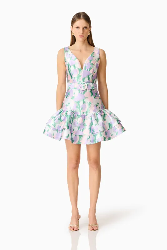 Lavina V-Neck Mini Dress in Green & Purple Floral sold by Elliatt