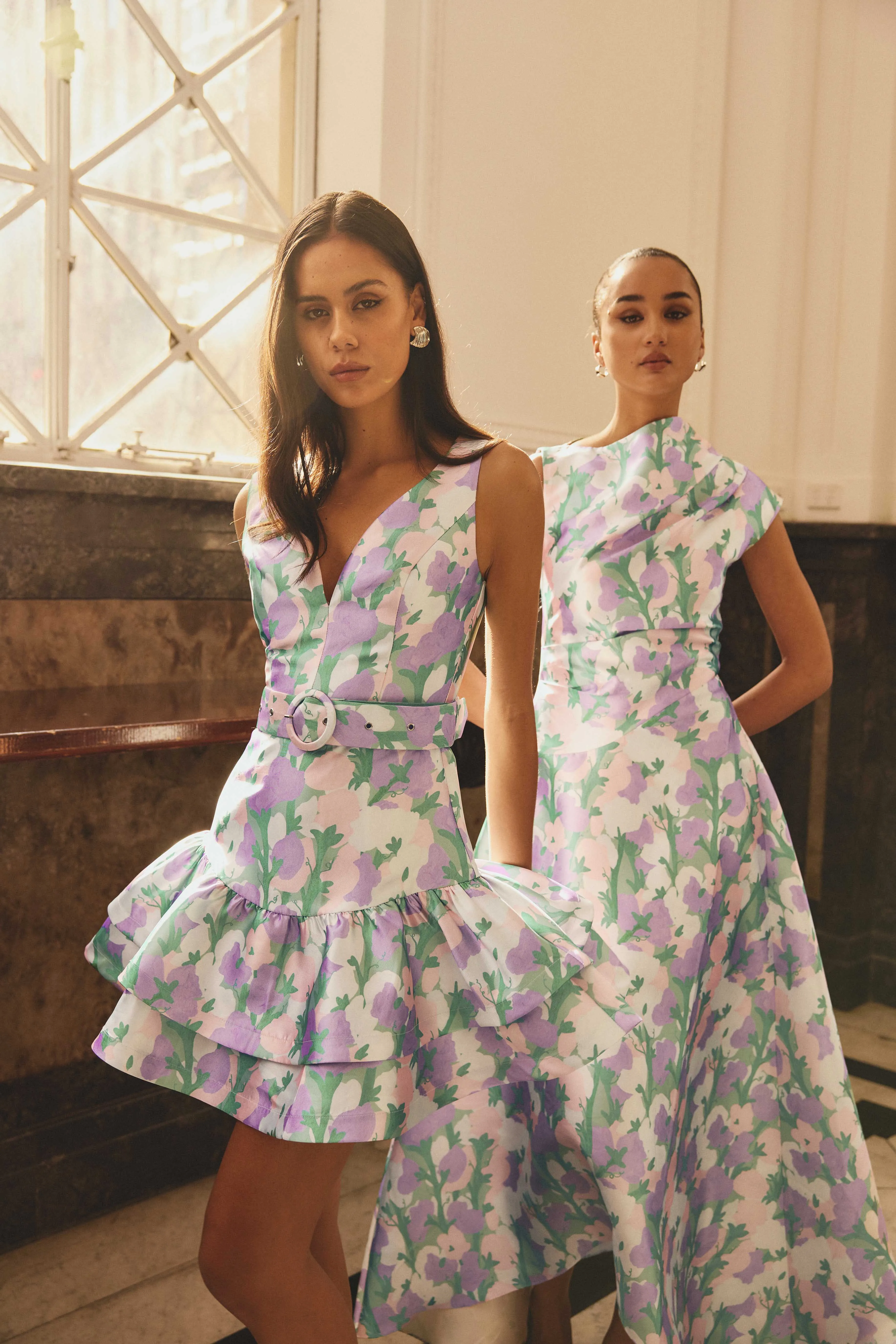 Lavina V-Neck Mini Dress in Green & Purple Floral sold by Elliatt product image thumbnail 2