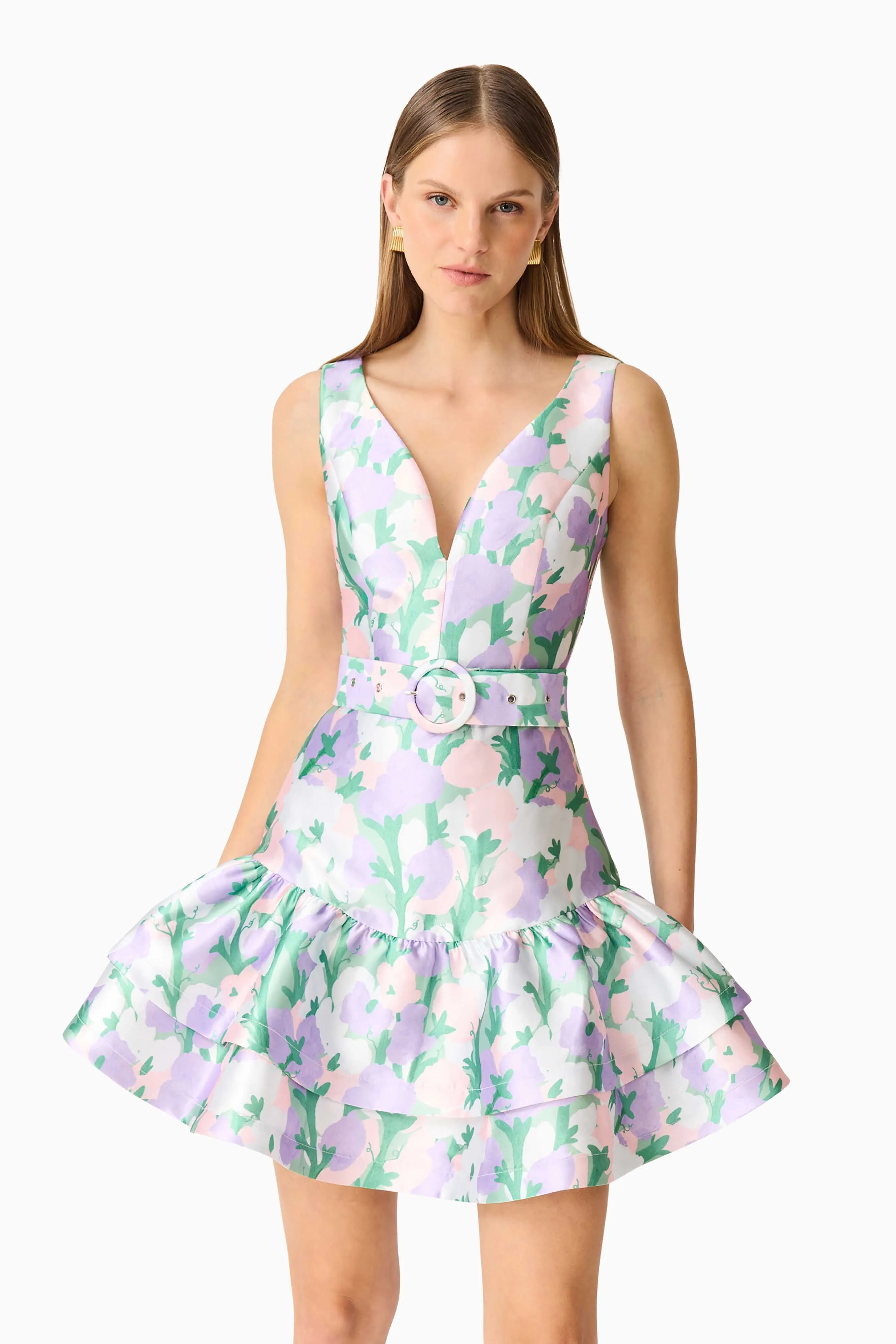 Lavina V-Neck Mini Dress in Green & Purple Floral sold by Elliatt product image thumbnail 3