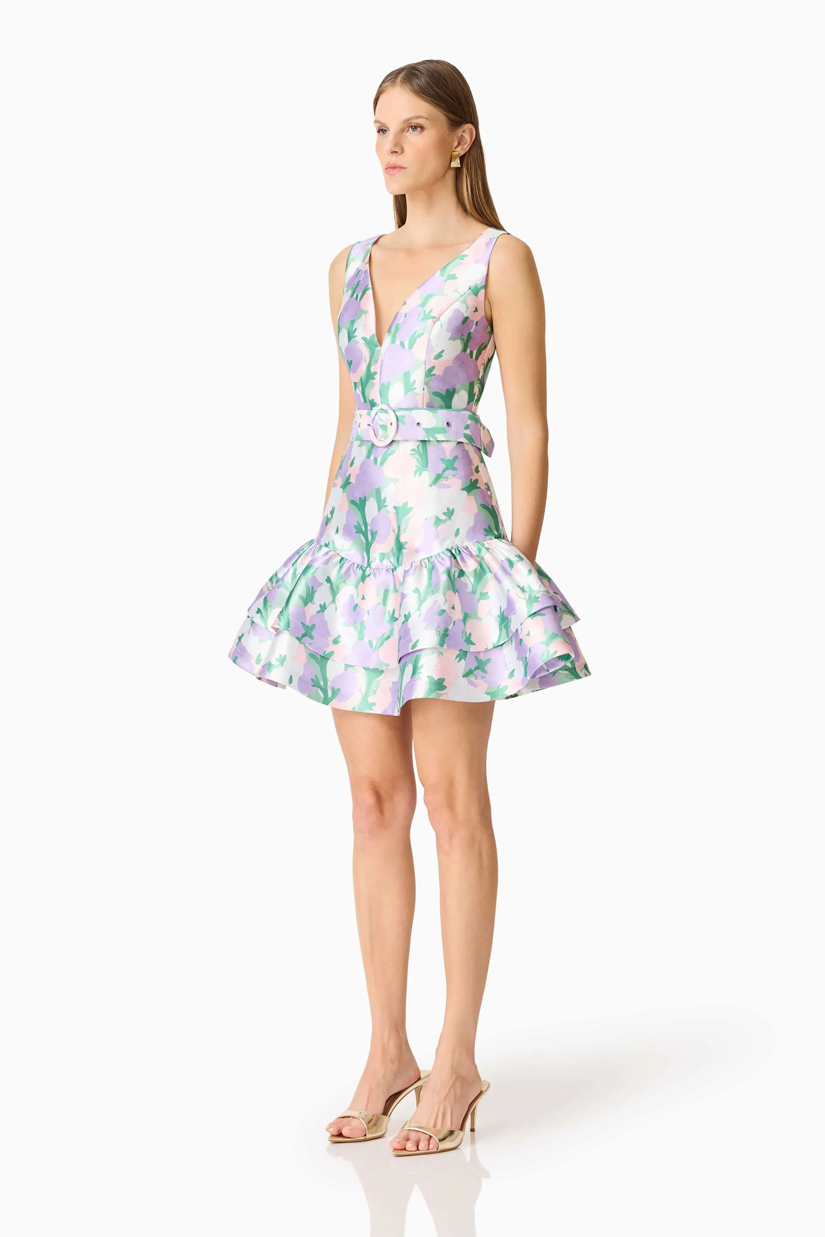 Lavina V-Neck Mini Dress in Green & Purple Floral sold by Elliatt product image thumbnail 4