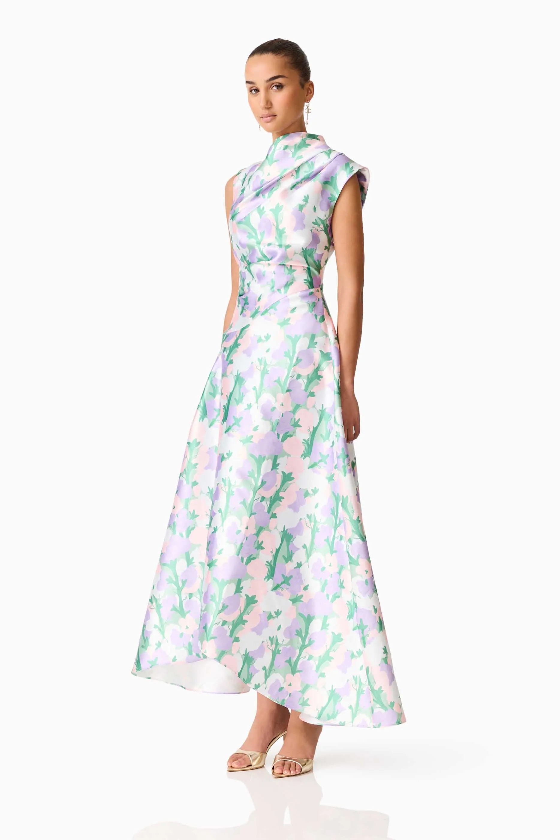 Lavina Asymmetrical Gown in Green & Purple Floral sold by Elliatt product image thumbnail 4