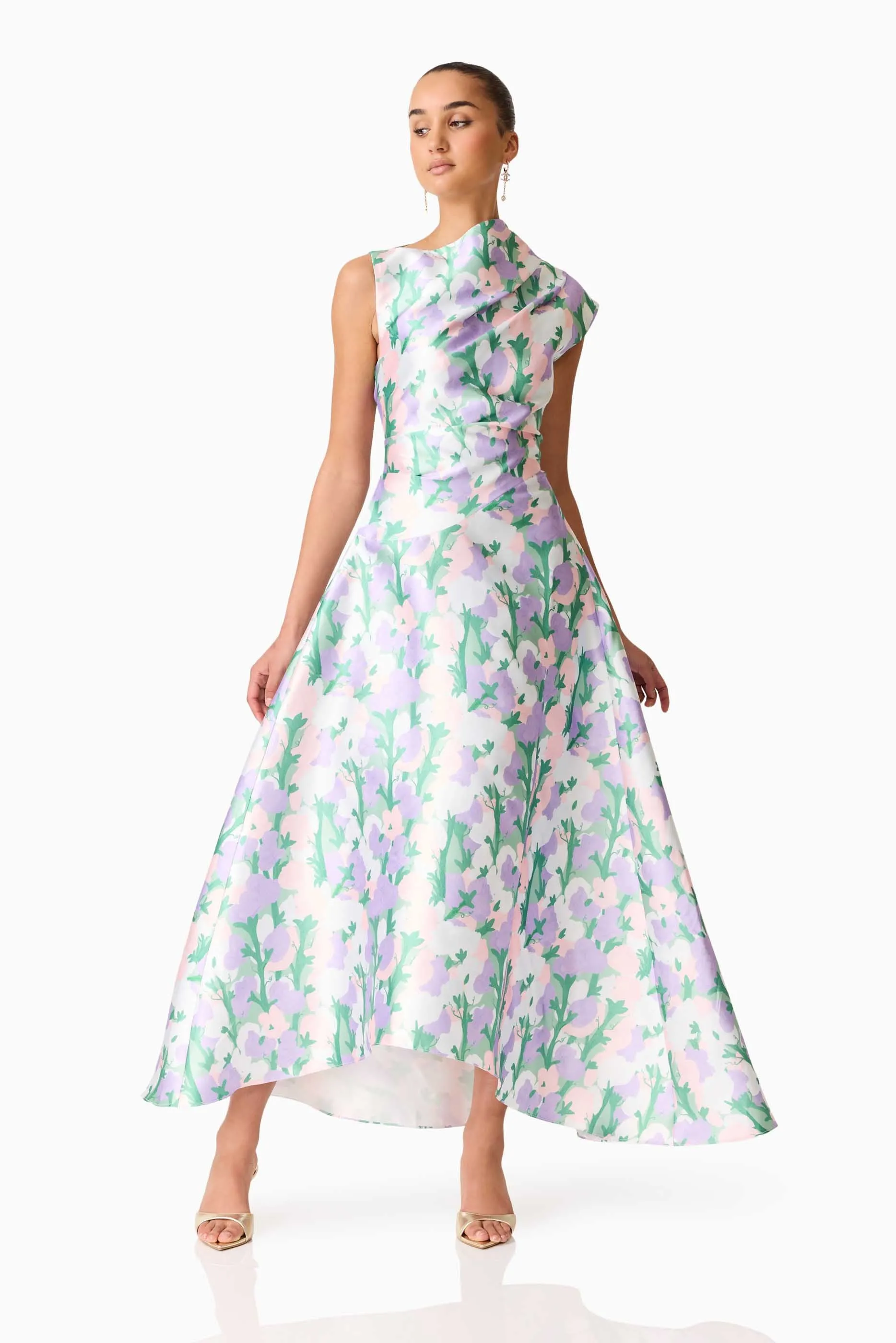 Lavina Asymmetrical Gown in Green & Purple Floral sold by Elliatt product image thumbnail 5