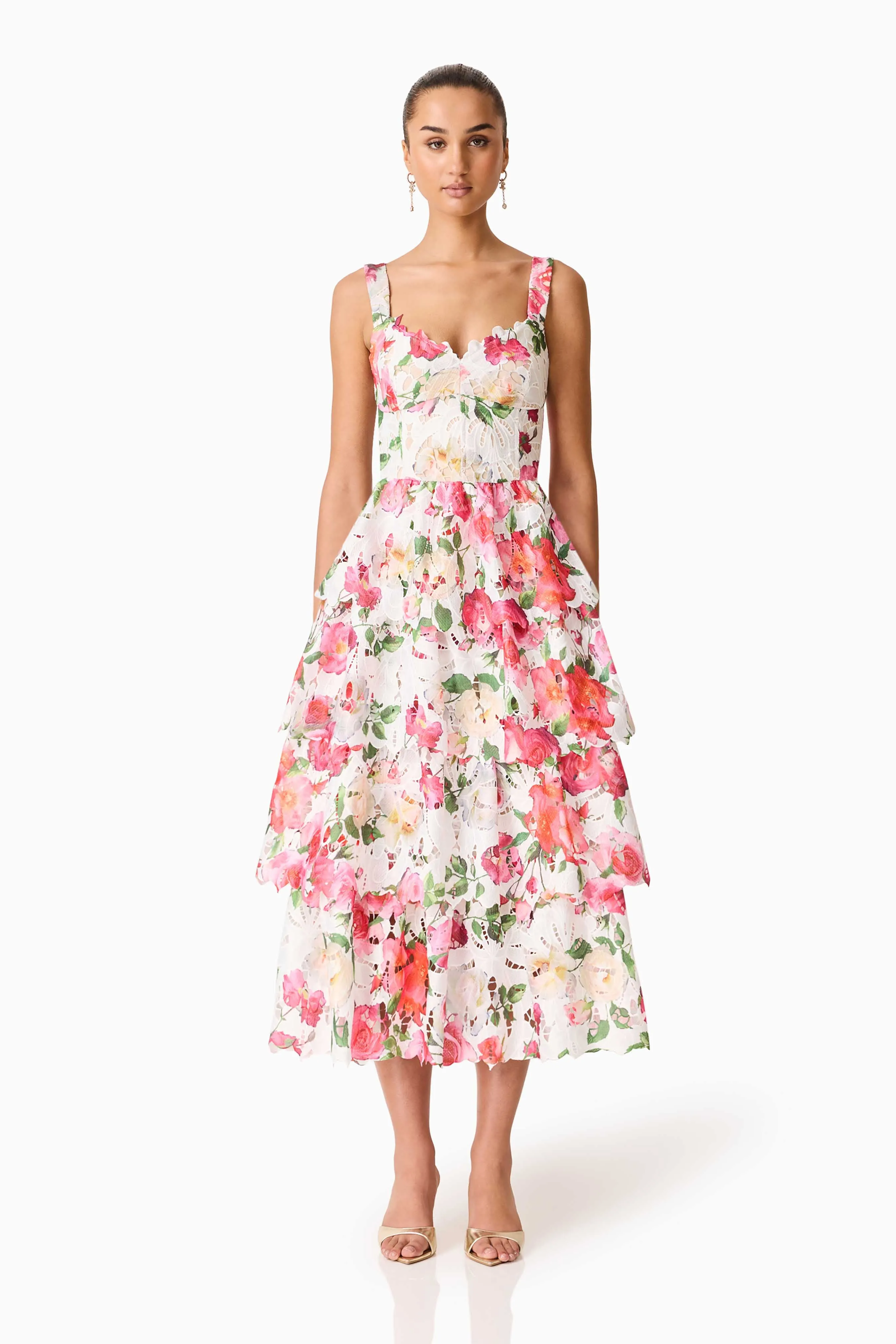 Roselle Tiered Midi Dress Pink Floral sold by Elliatt