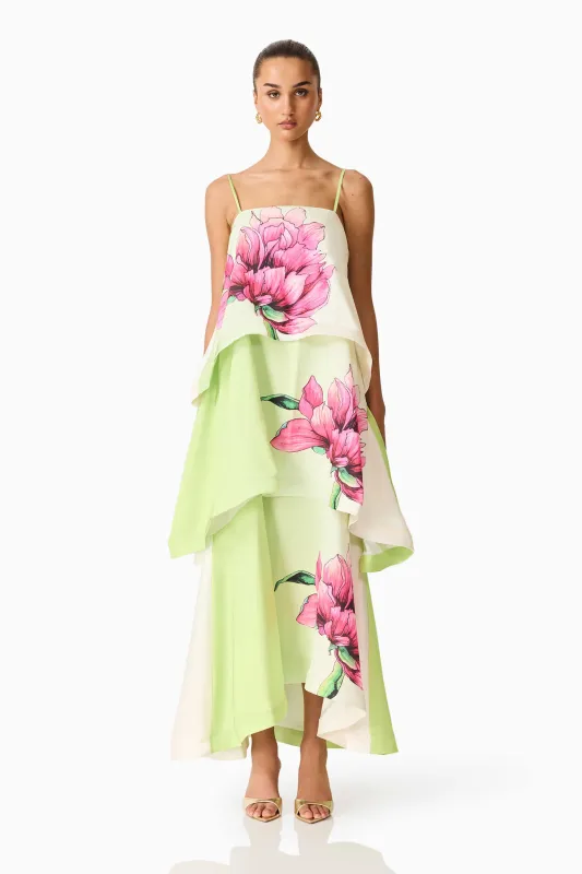 Elisia Tiered Gown in Green & Pink Floral sold by Elliatt