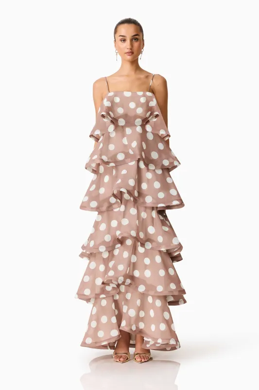 Sola Tiered Maxi Dress in Brown Polkadot made by Elliatt