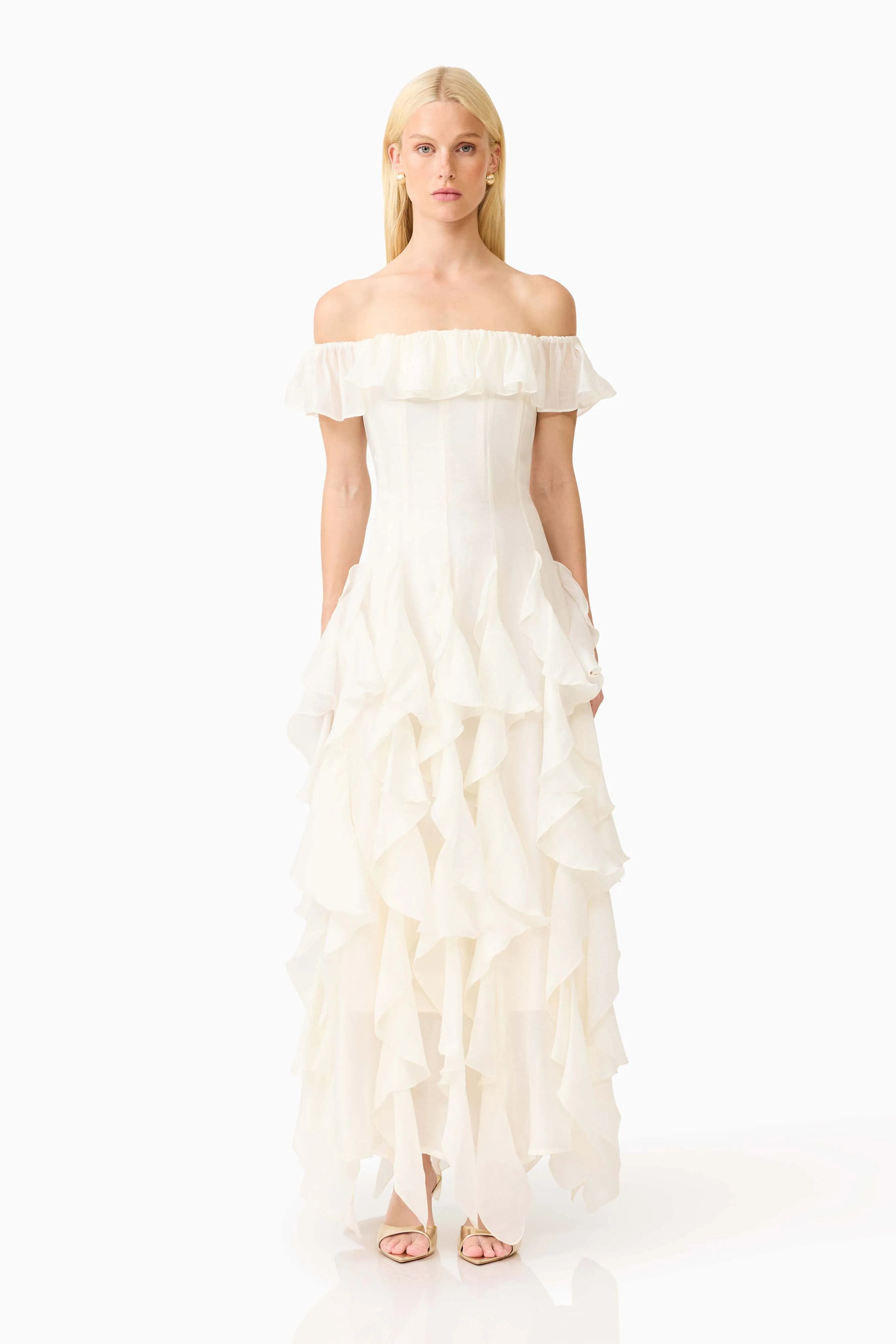 Yvette Off Shoulder Gown in White sold by Elliatt