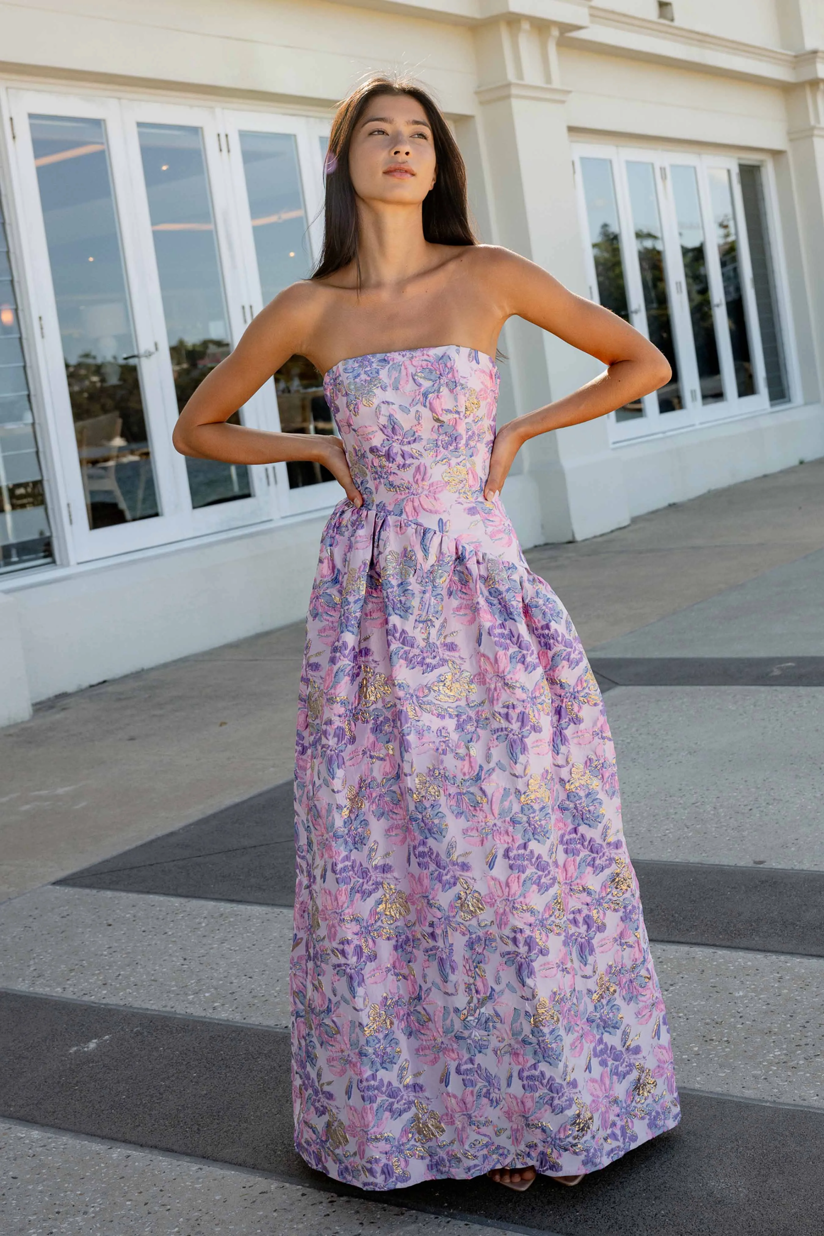 Marlene Asymmetrical Gown in Pink & Purple Floral sold by Elliatt product image thumbnail 2
