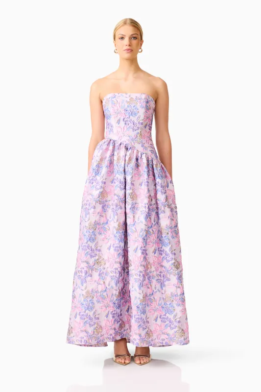 Marlene Asymmetrical Gown in Pink & Purple Floral made by Elliatt