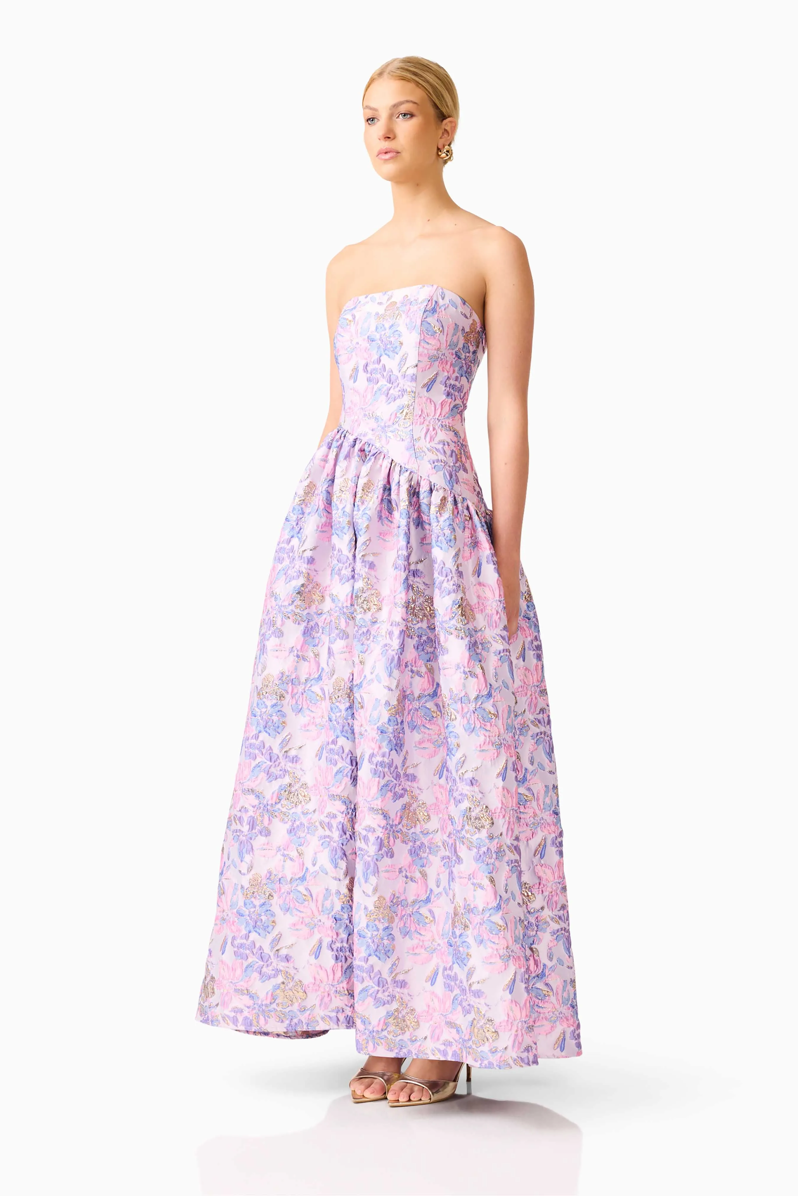 Marlene Asymmetrical Gown in Pink & Purple Floral sold by Elliatt product image thumbnail 3