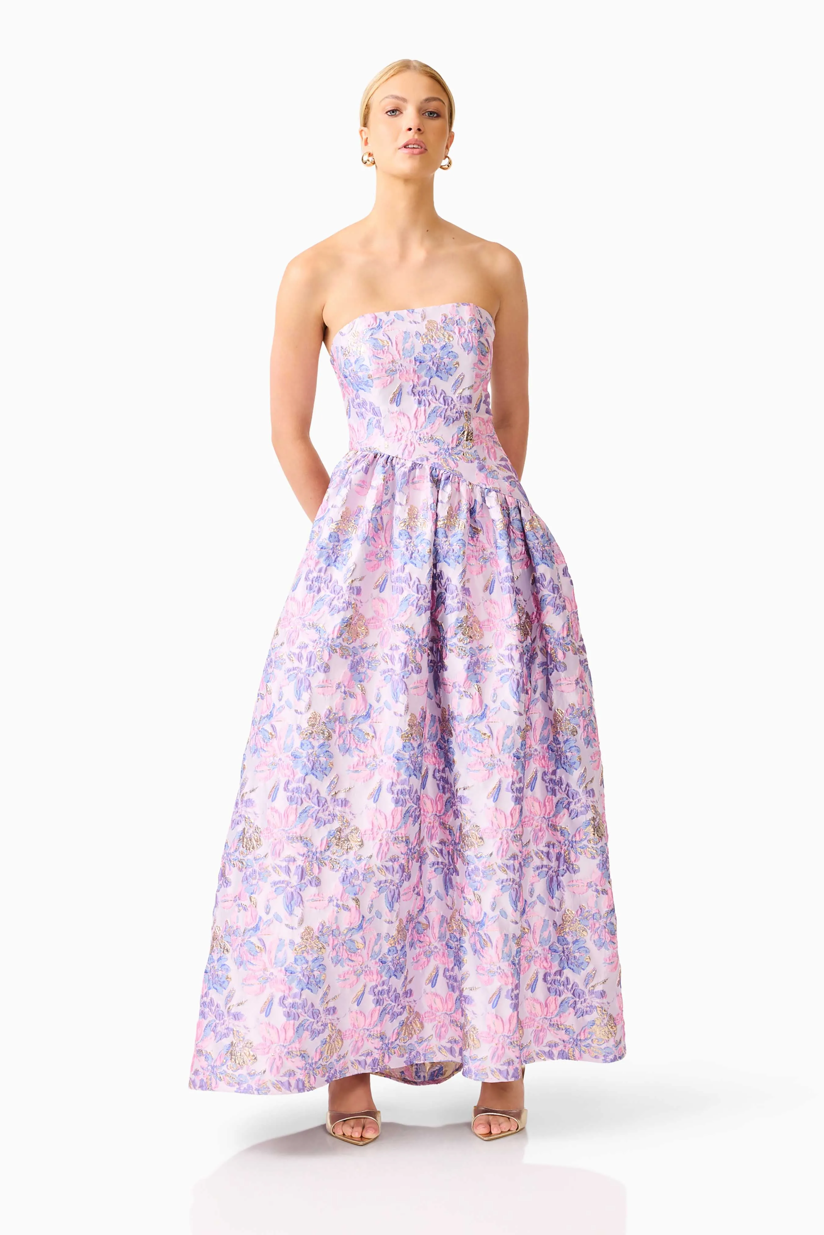 Marlene Asymmetrical Gown in Pink & Purple Floral sold by Elliatt product image thumbnail 4