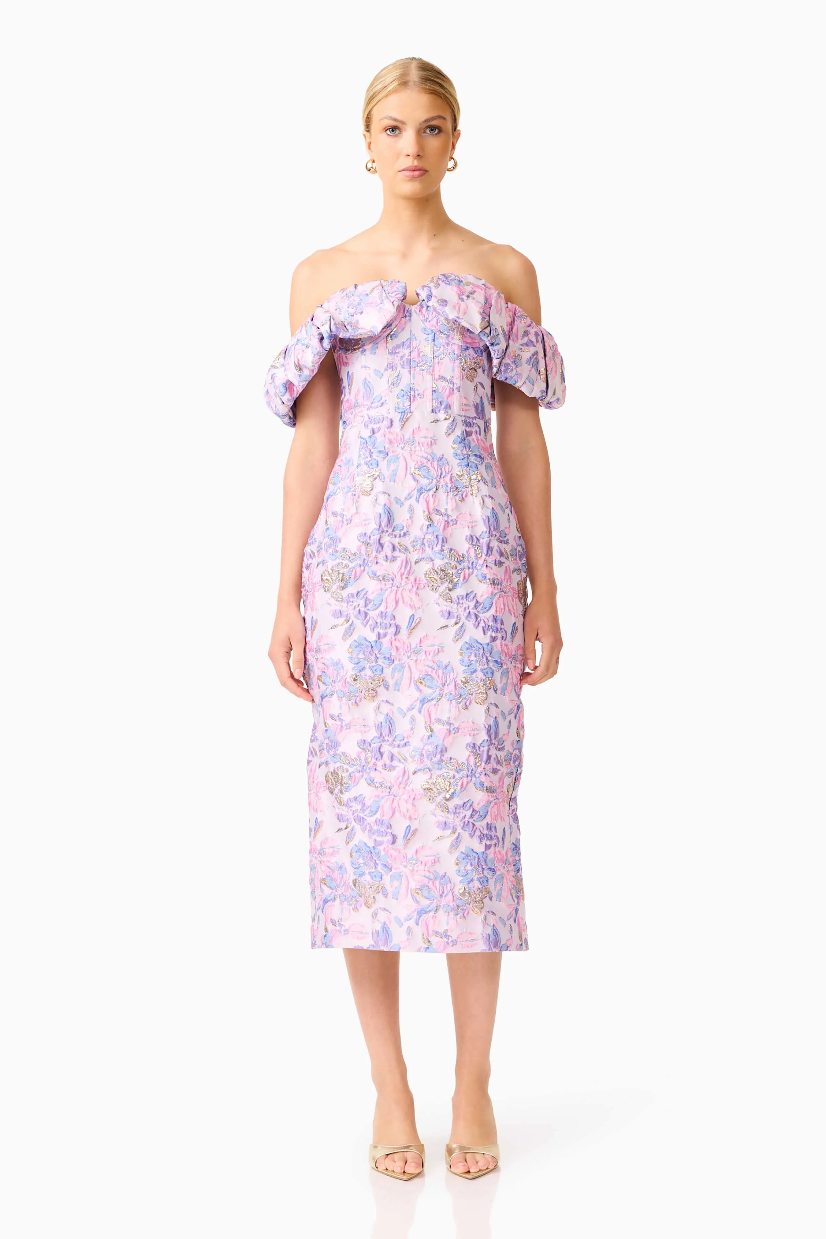 Marlene Strapless Midi Dress in Pink & Purple Floral sold by Elliatt