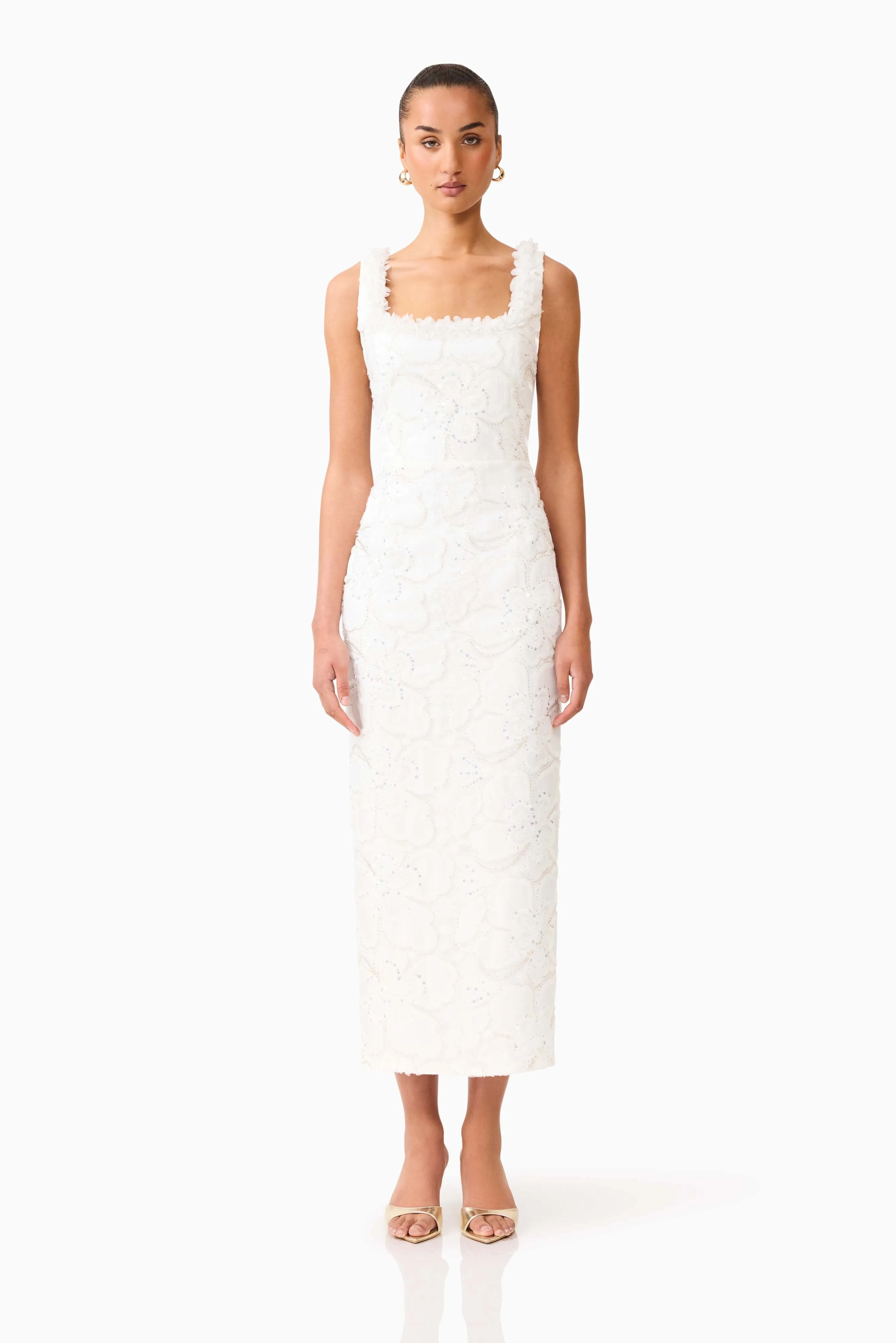 Elowen Floral Applique Midi Dress in White sold by Elliatt