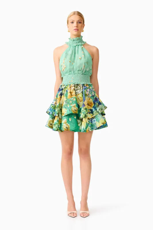 Estelle Halter Mini Dress in Green Floral made by Elliatt