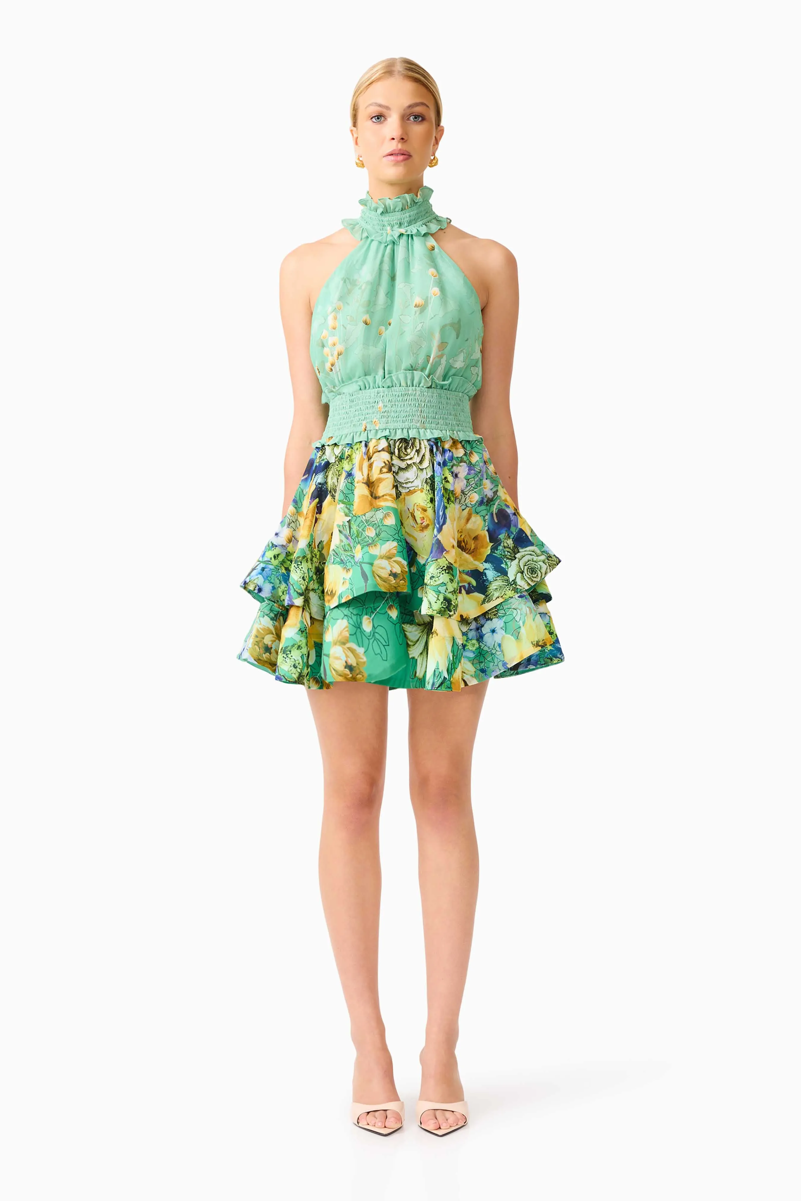 Estelle Halter Mini Dress in Green Floral sold by Elliatt