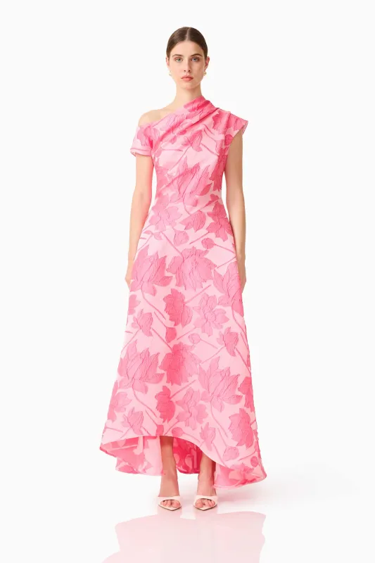 Dionne Asymmetrical Maxi Gown in Pink Floral made by Elliatt