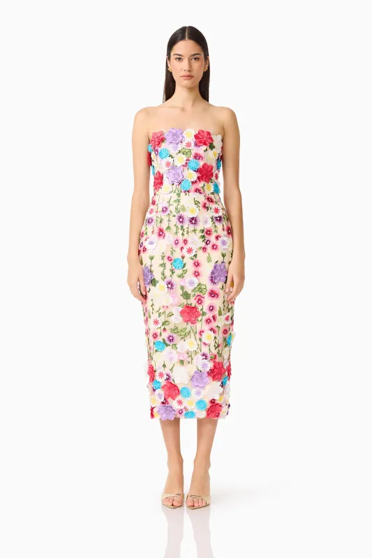 Rosette Strapless Midi Dress in Multi Floral made by Elliatt