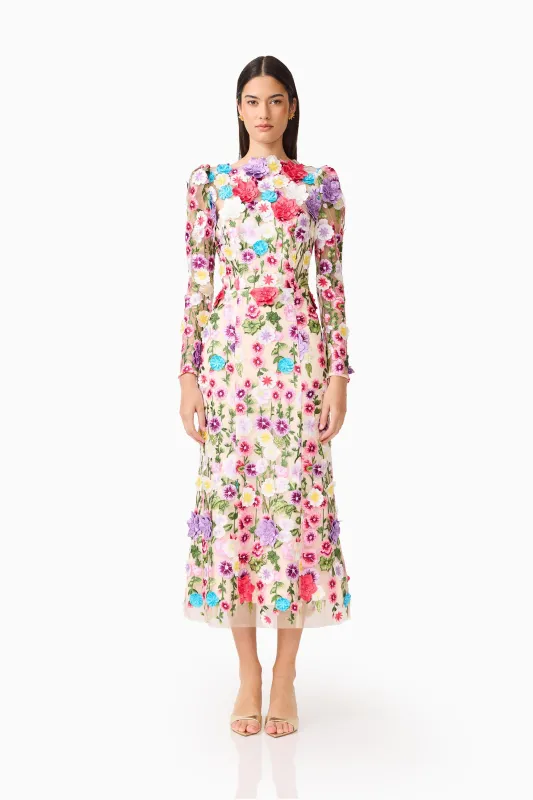 Rosette Long Sleeve Midi Dress in Multi Floral made by Elliatt