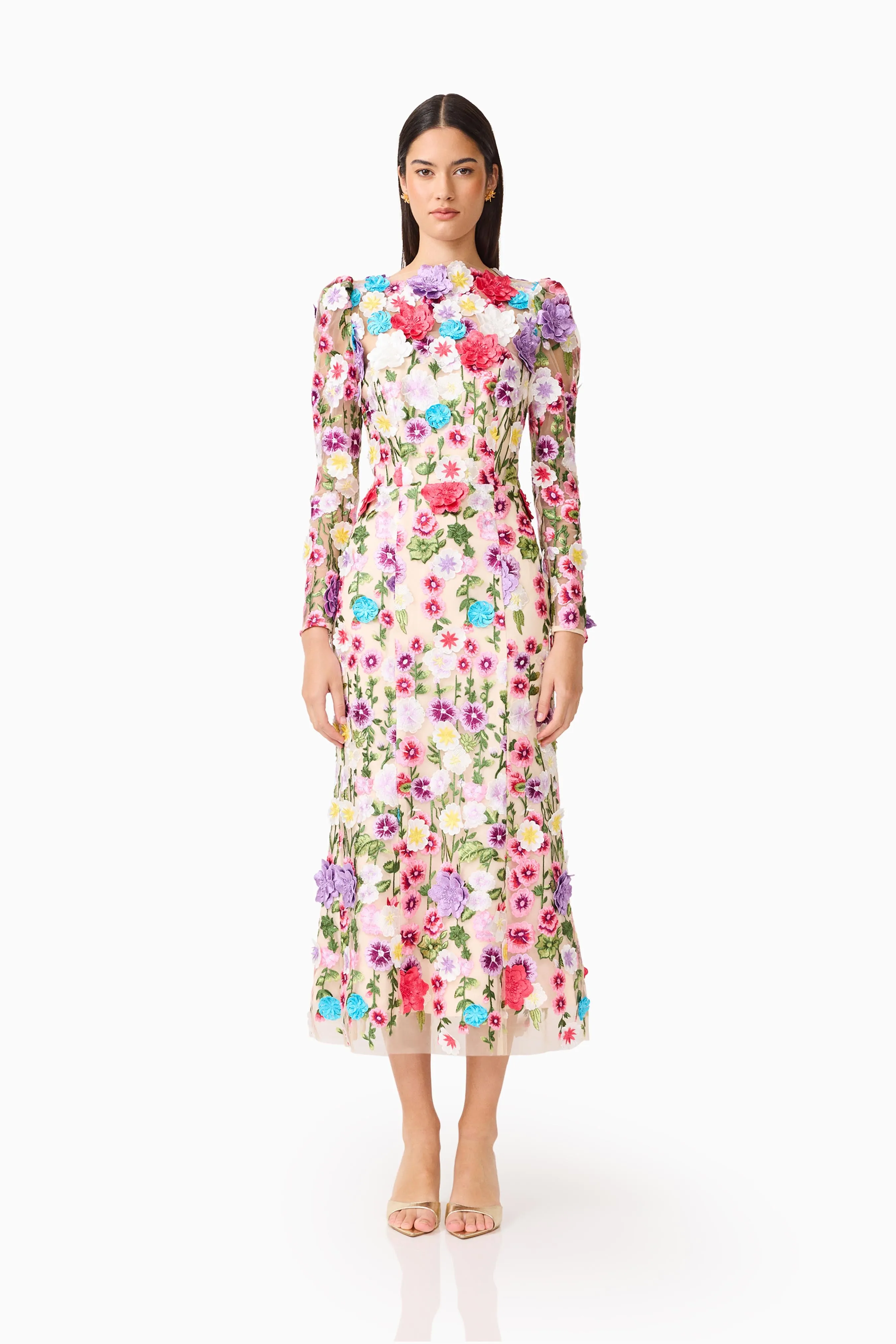 Rosette Long Sleeve Midi Dress in Multi Floral sold by Elliatt