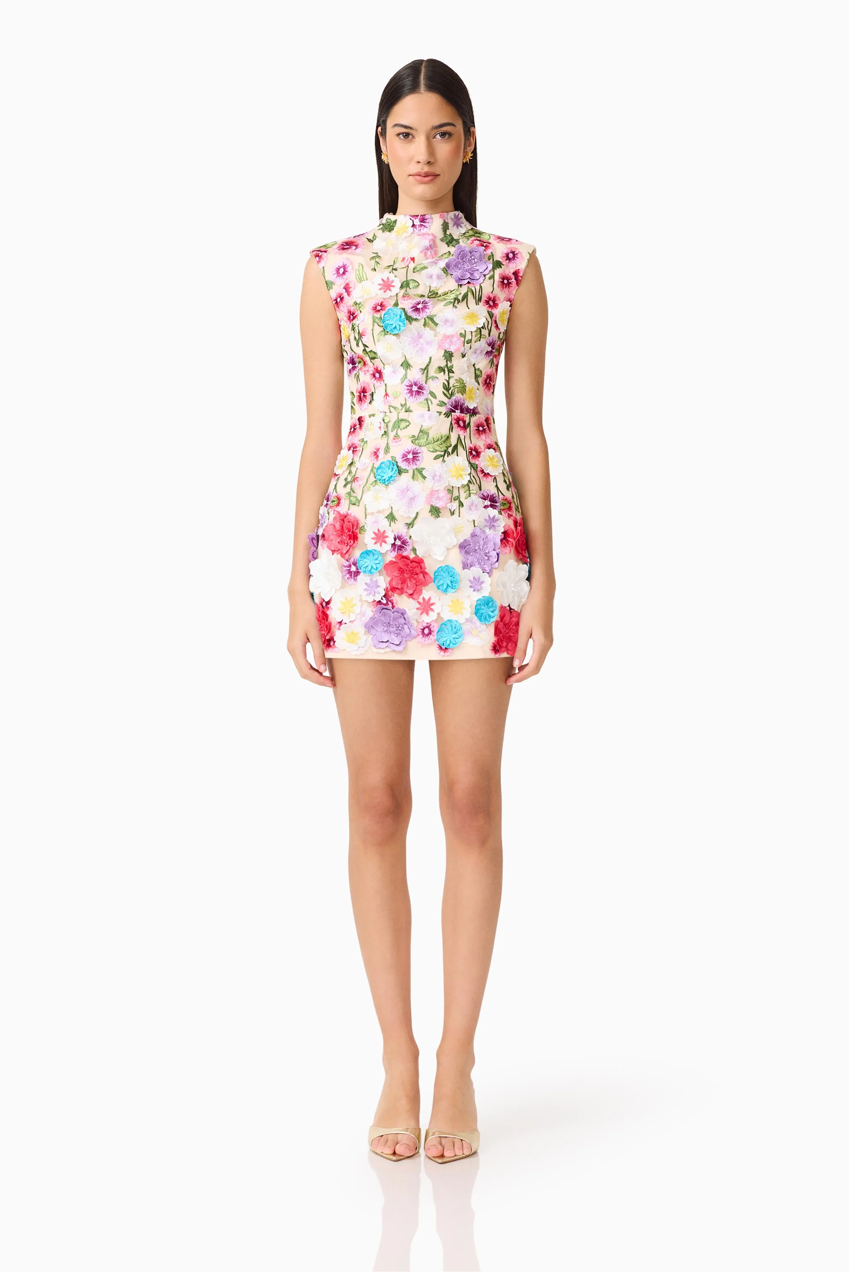 Rosette Sleeveless Mini Dress in Multi Floral sold by Elliatt