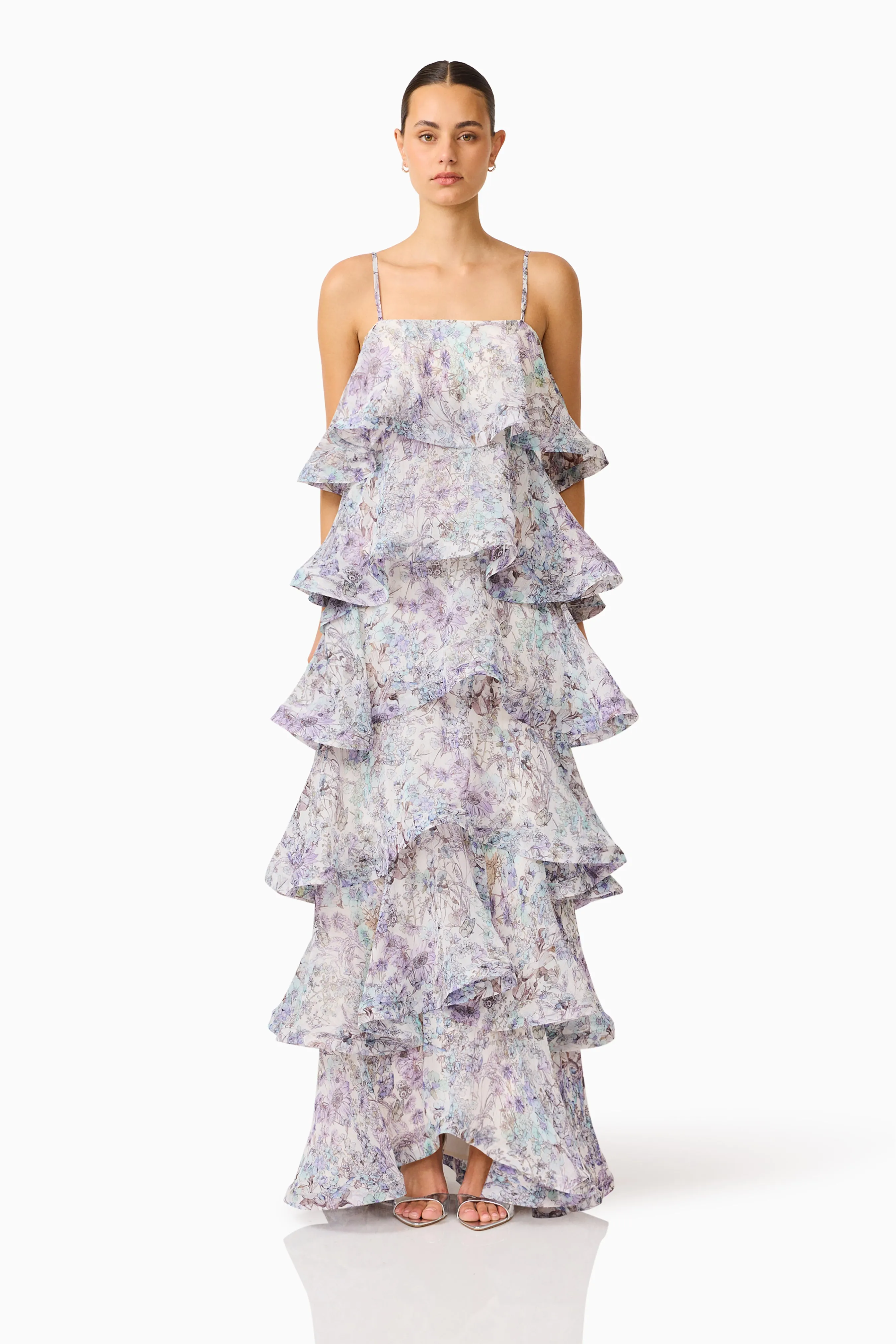 Rosaria Tiered Gown in Purple Floral sold by Elliatt