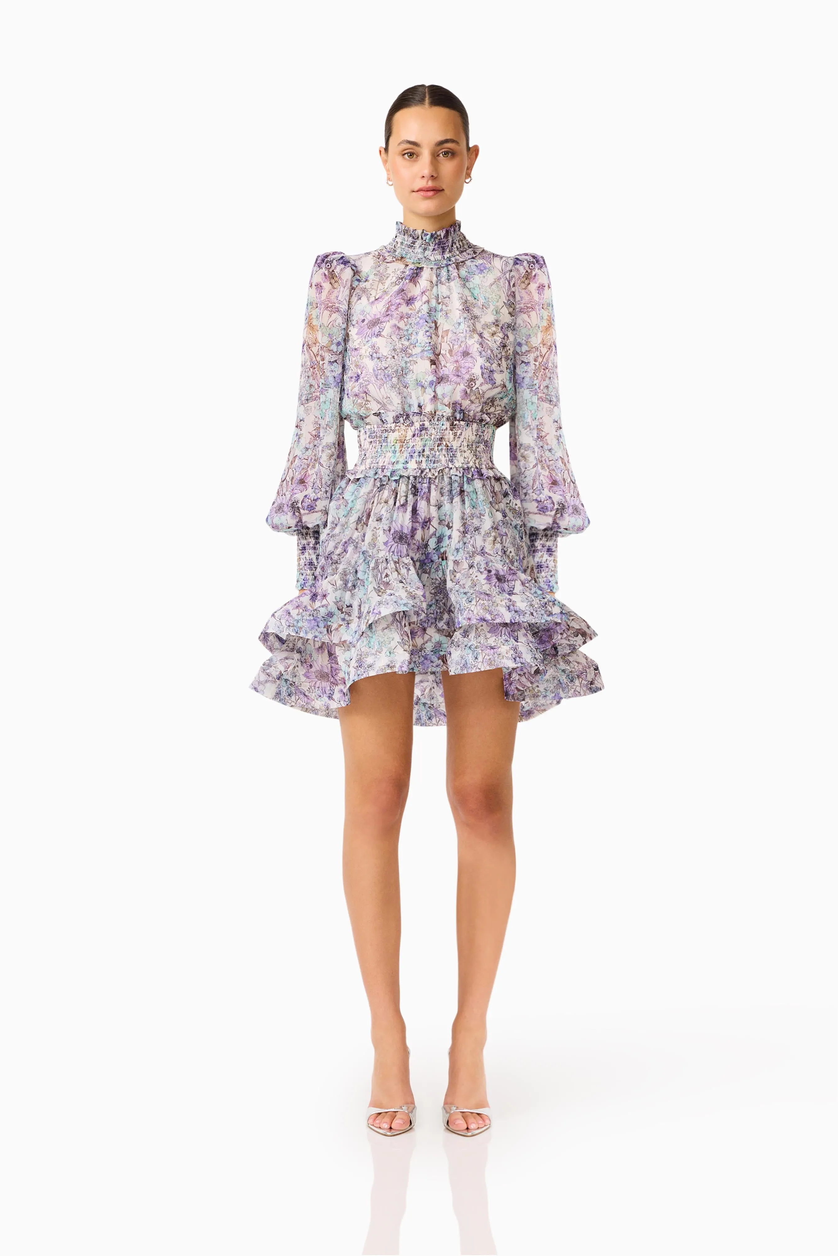 Rosaria Long Sleeve Mini Dress in Purple Floral sold by Elliatt
