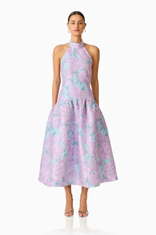 Nolana Halter Midi Dress in Blue & Purple Floral made by Elliatt