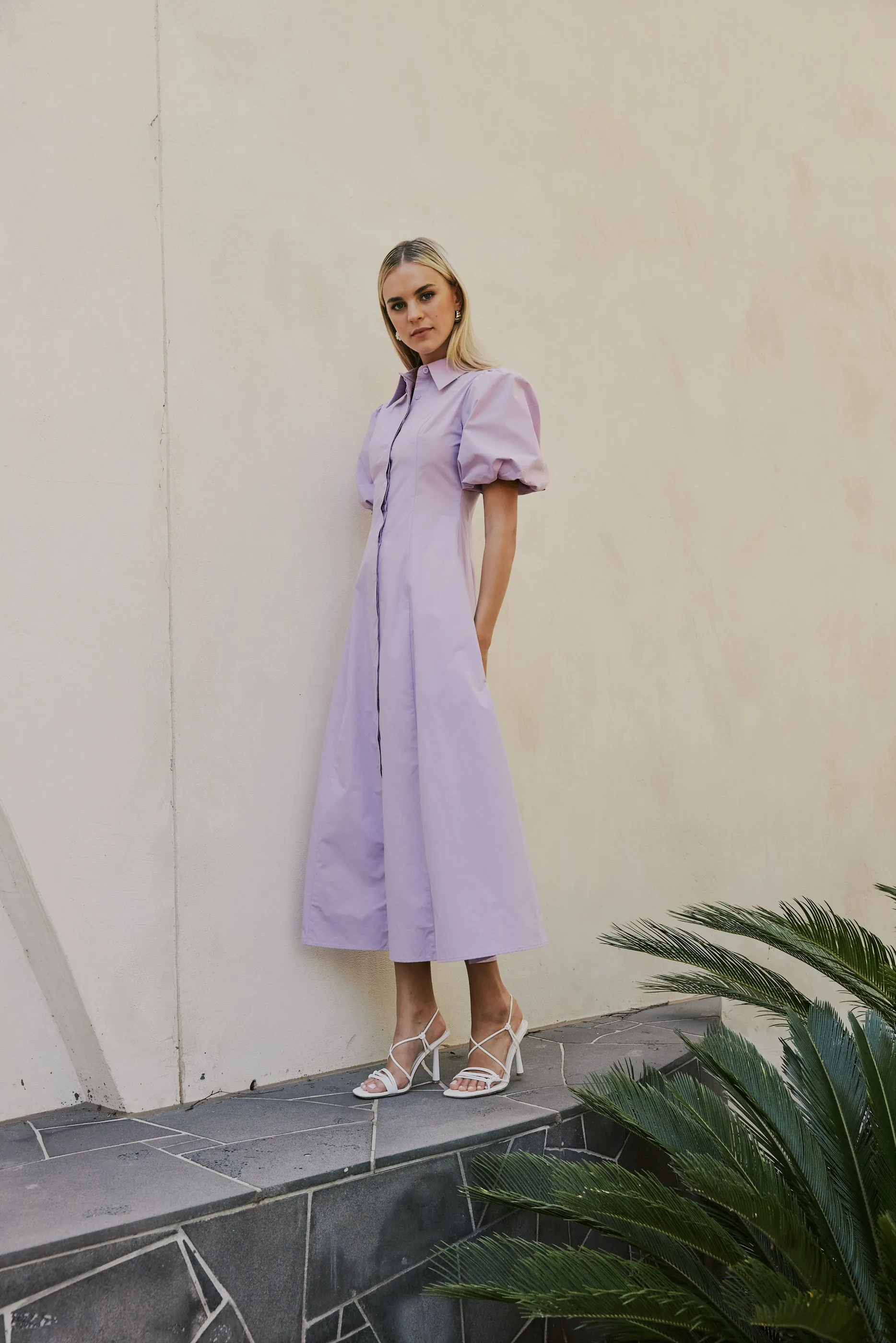 CURAAE Bay Midi Shirt Puff Sleeve A Line Dress In Lilac sold by Elliatt product image thumbnail 3