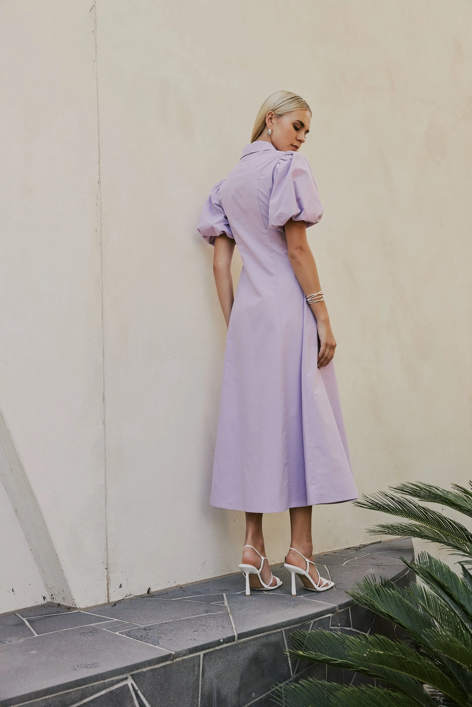 CURAAE Bay Midi Shirt Puff Sleeve A Line Dress In Lilac sold by Elliatt product image thumbnail 4