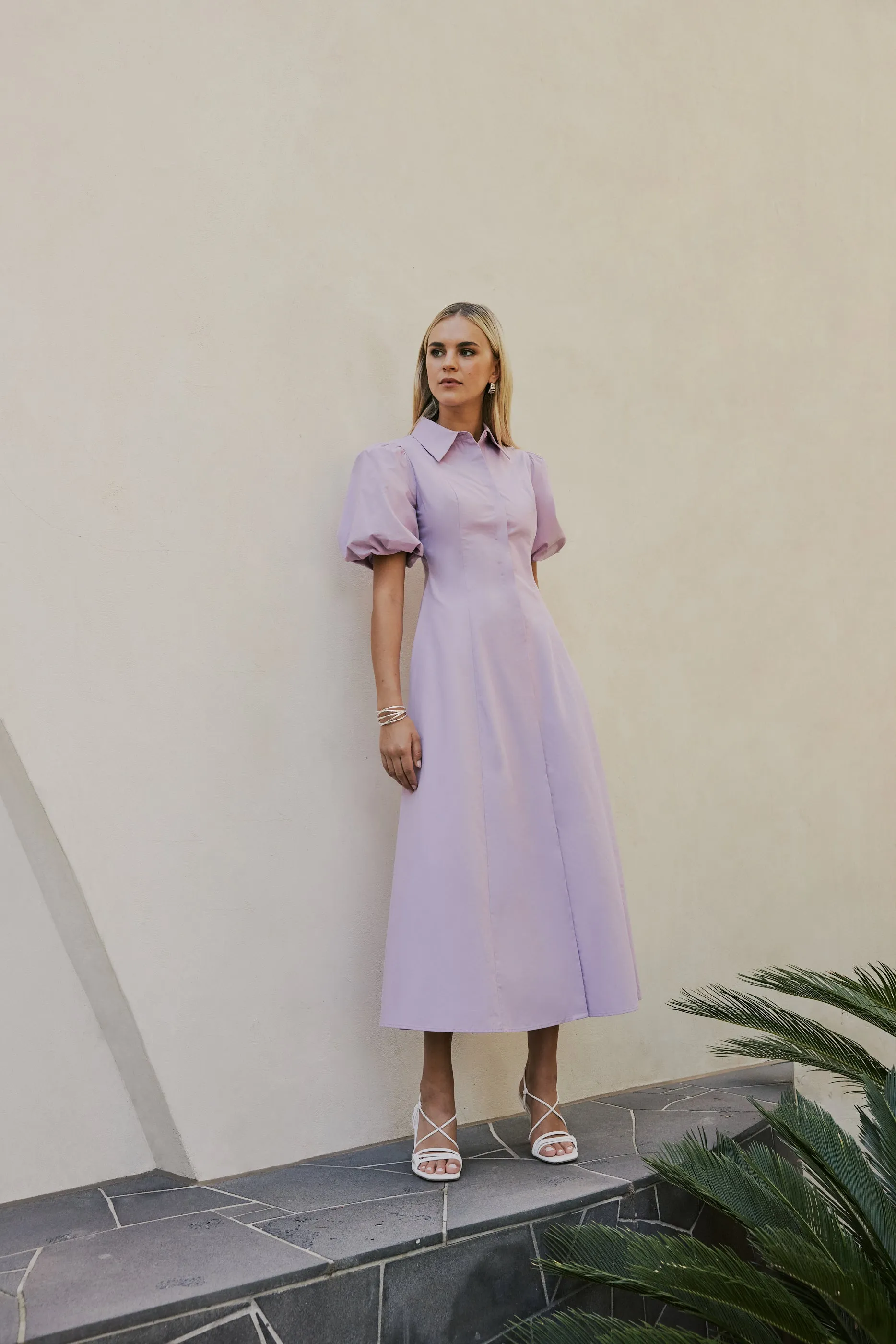 CURAAE Bay Midi Shirt Puff Sleeve A Line Dress In Lilac sold by Elliatt product image thumbnail 5