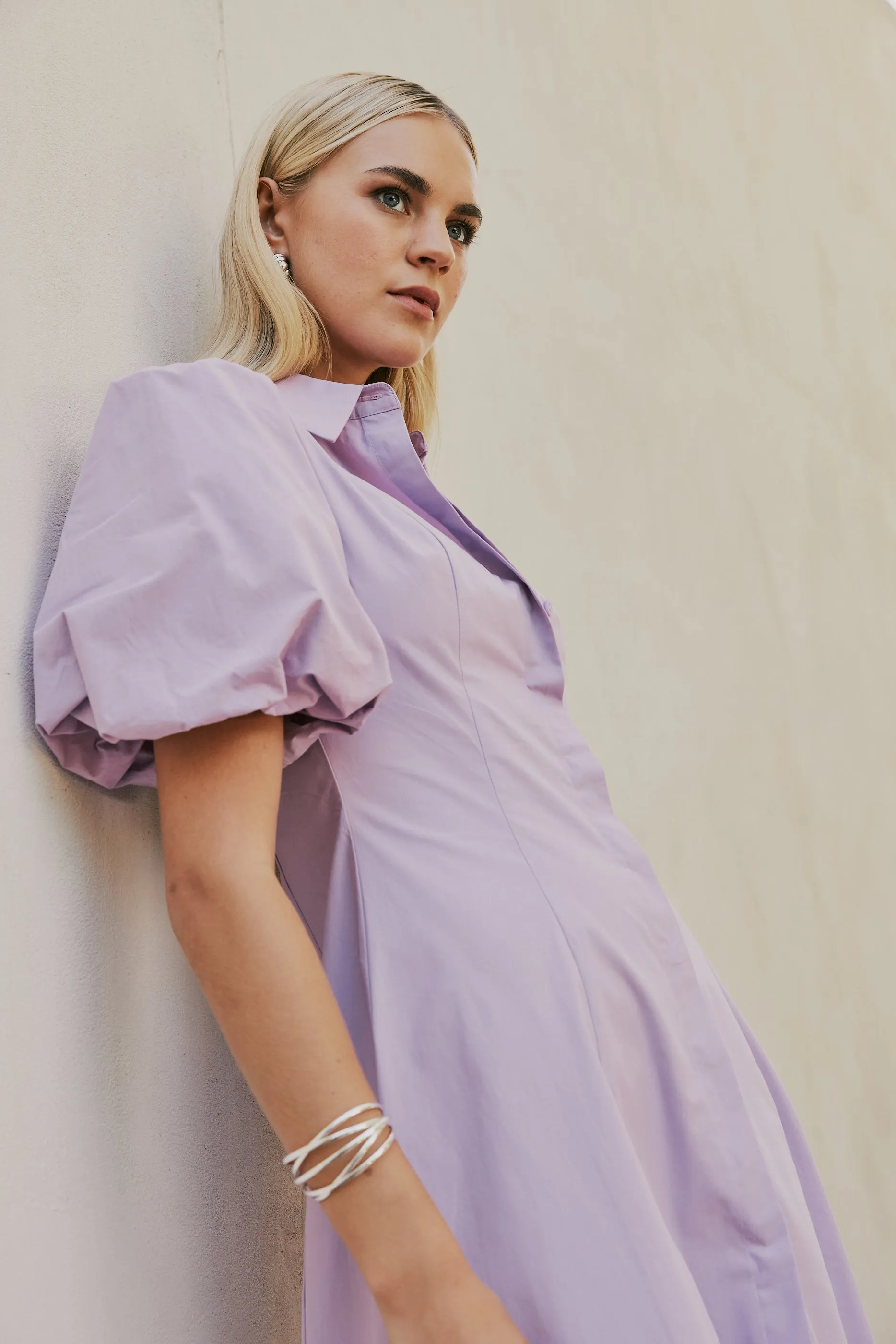 CURAAE Bay Midi Shirt Puff Sleeve A Line Dress In Lilac sold by Elliatt product image thumbnail 2