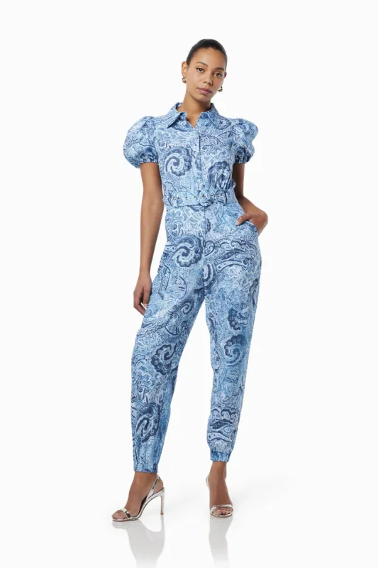 Elowen Printed Linen Playsuit In Blue sold by Elliatt