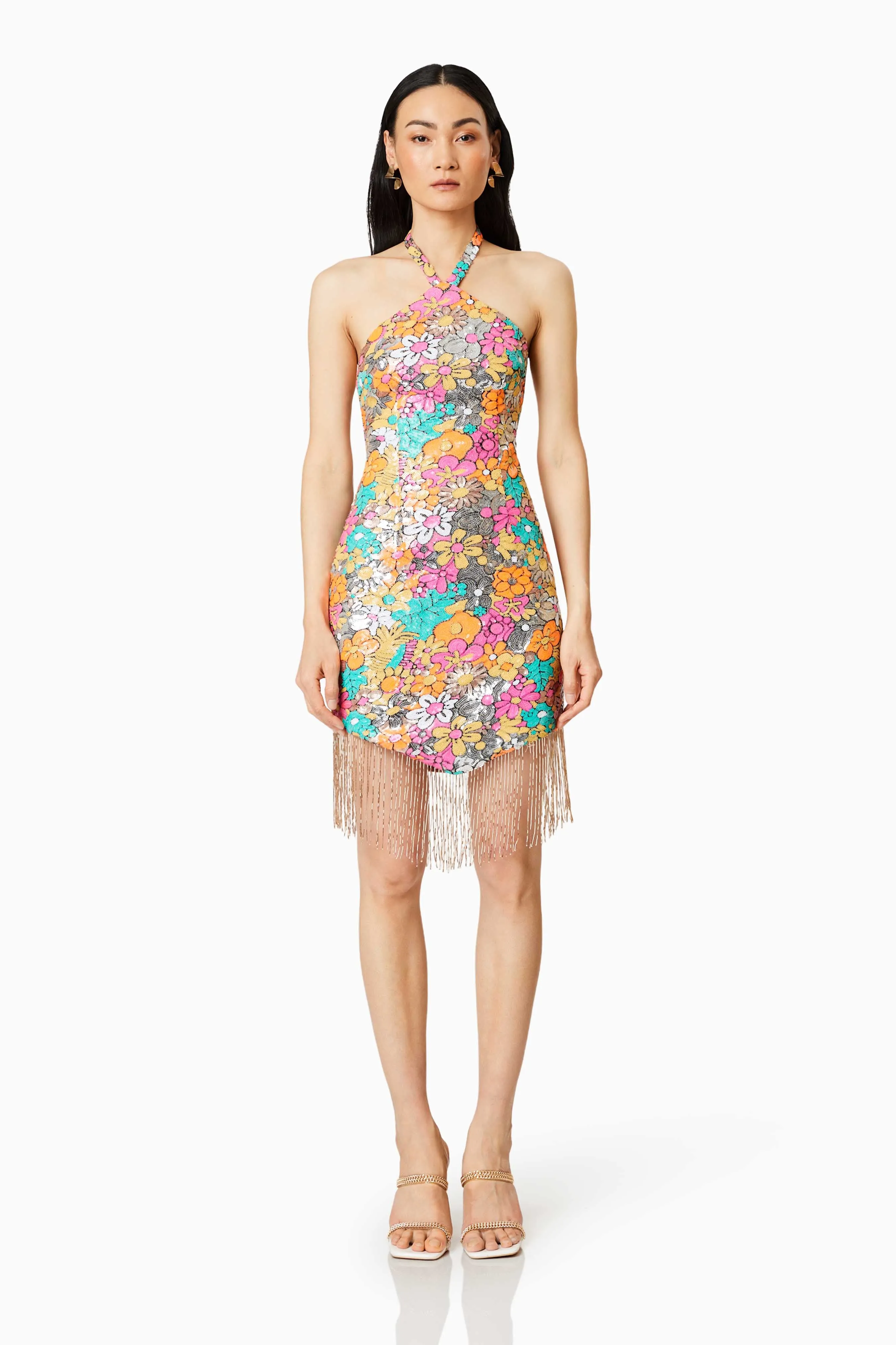 Tahiti Floral Sequin Mini Dress In Multi sold by Elliatt