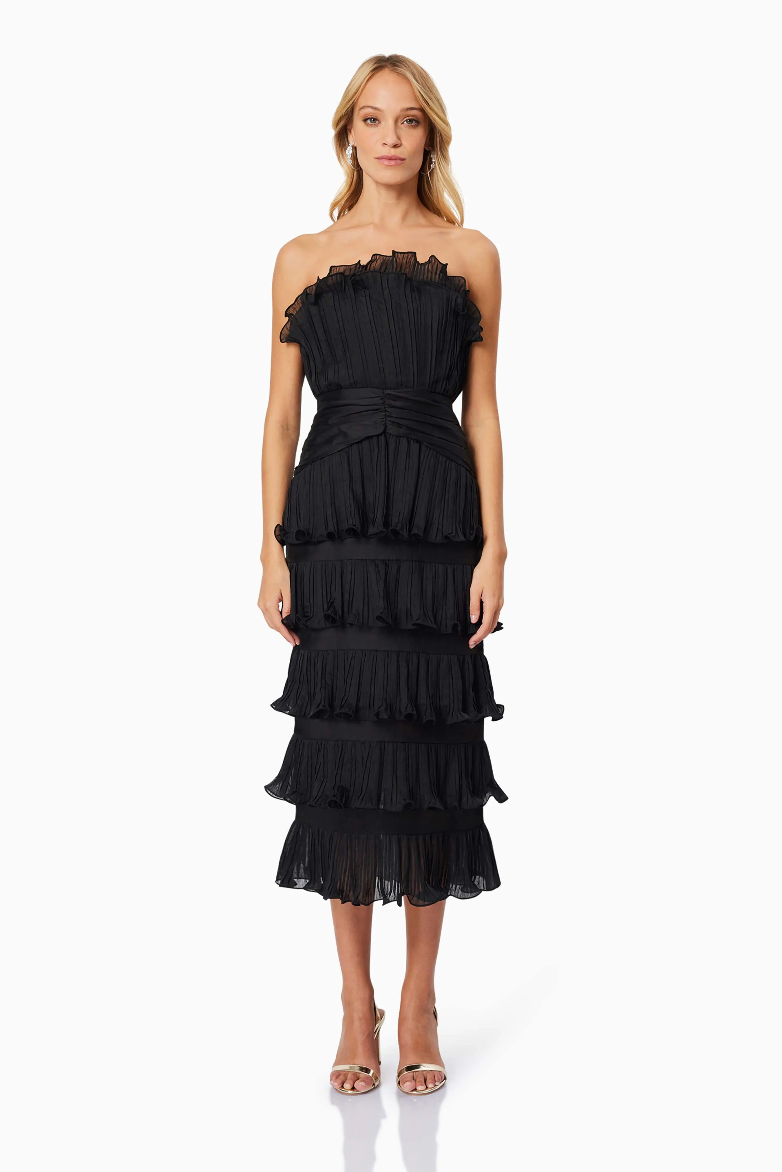 Maya Pleated Midi Dress in Black sold by Elliatt