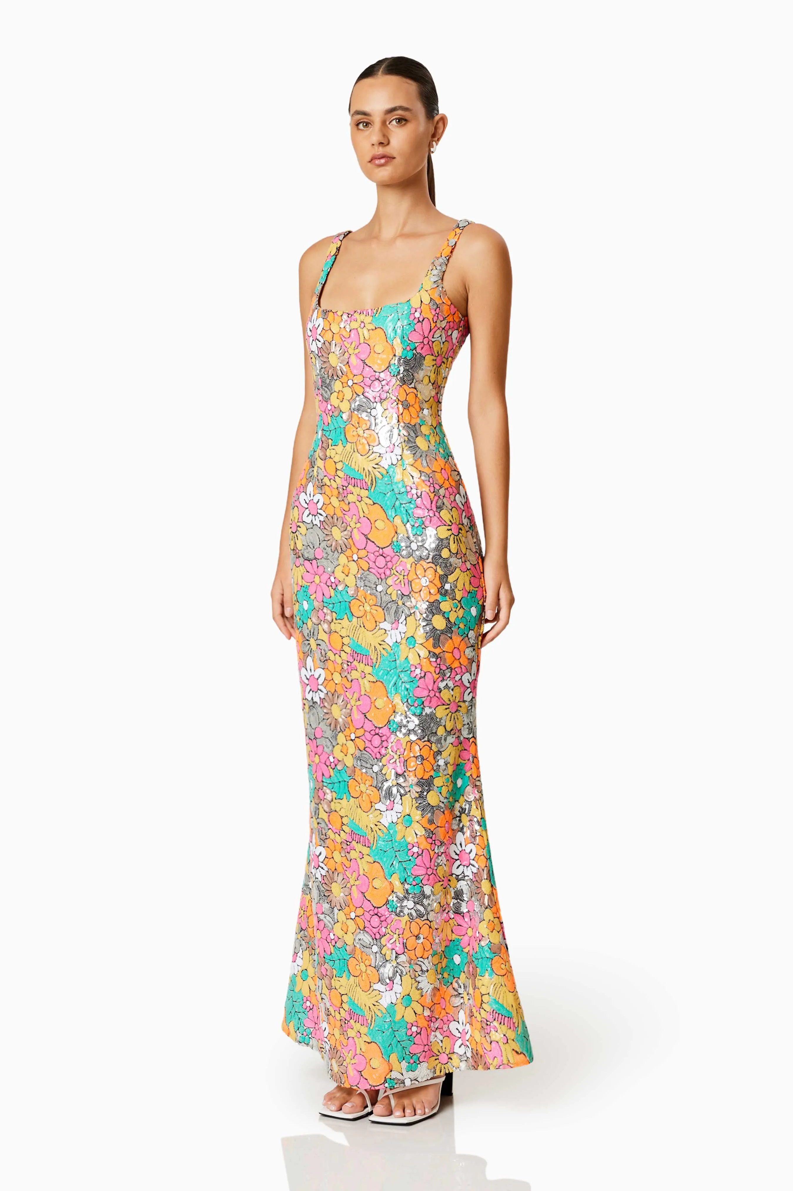Tiki Floral Sequin Fitted Maxi Dress In Florals sold by Elliatt product image thumbnail 3